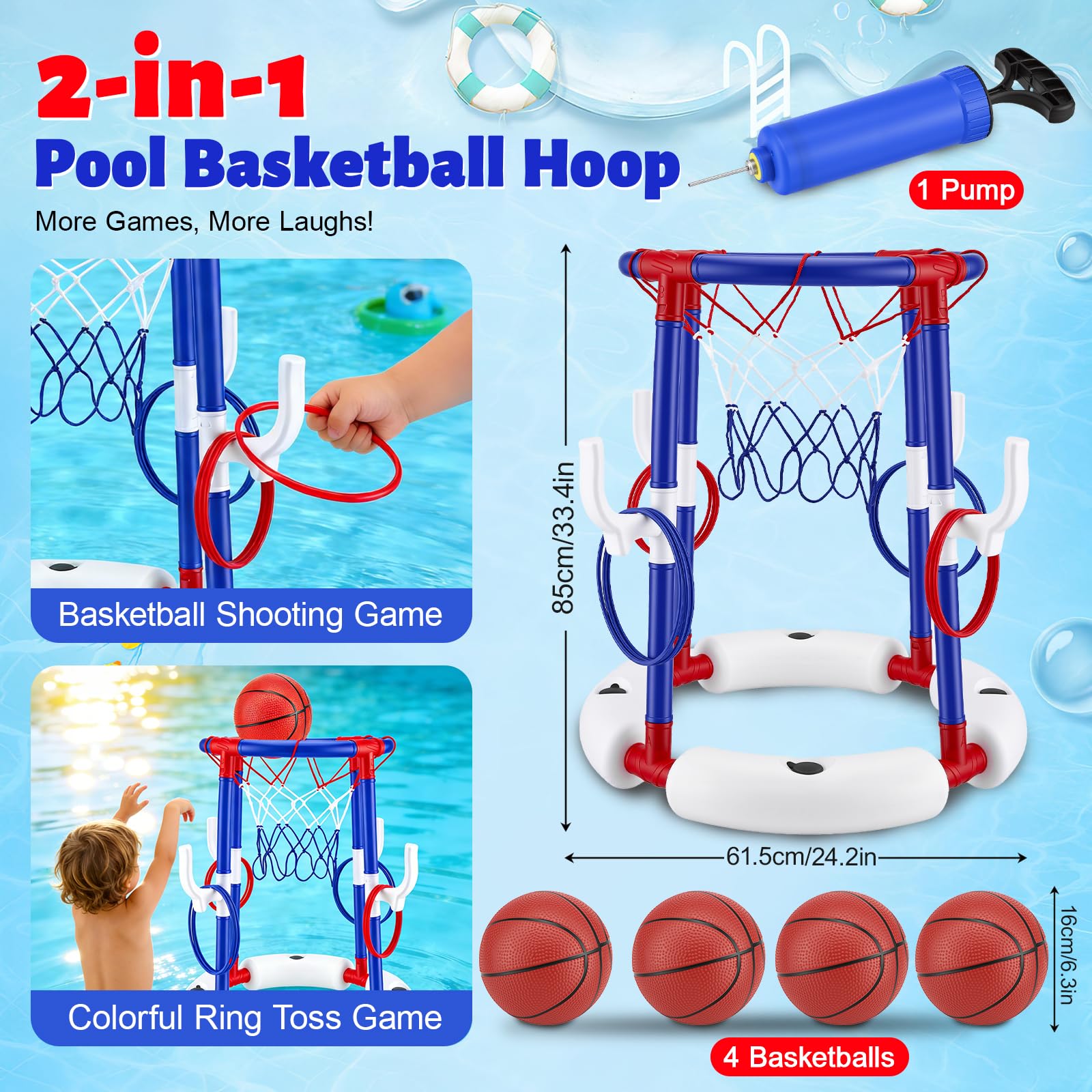 Canestro da Basket per Piscina Galleggiante Set con 4 Palline Gonfiabili e 12 Anelli da Lancio, Giochi Piscina Bambini, Struttura Stabile e Sicura, Gioco Acqua Estate per Famiglie, Ragazzi e Adulti