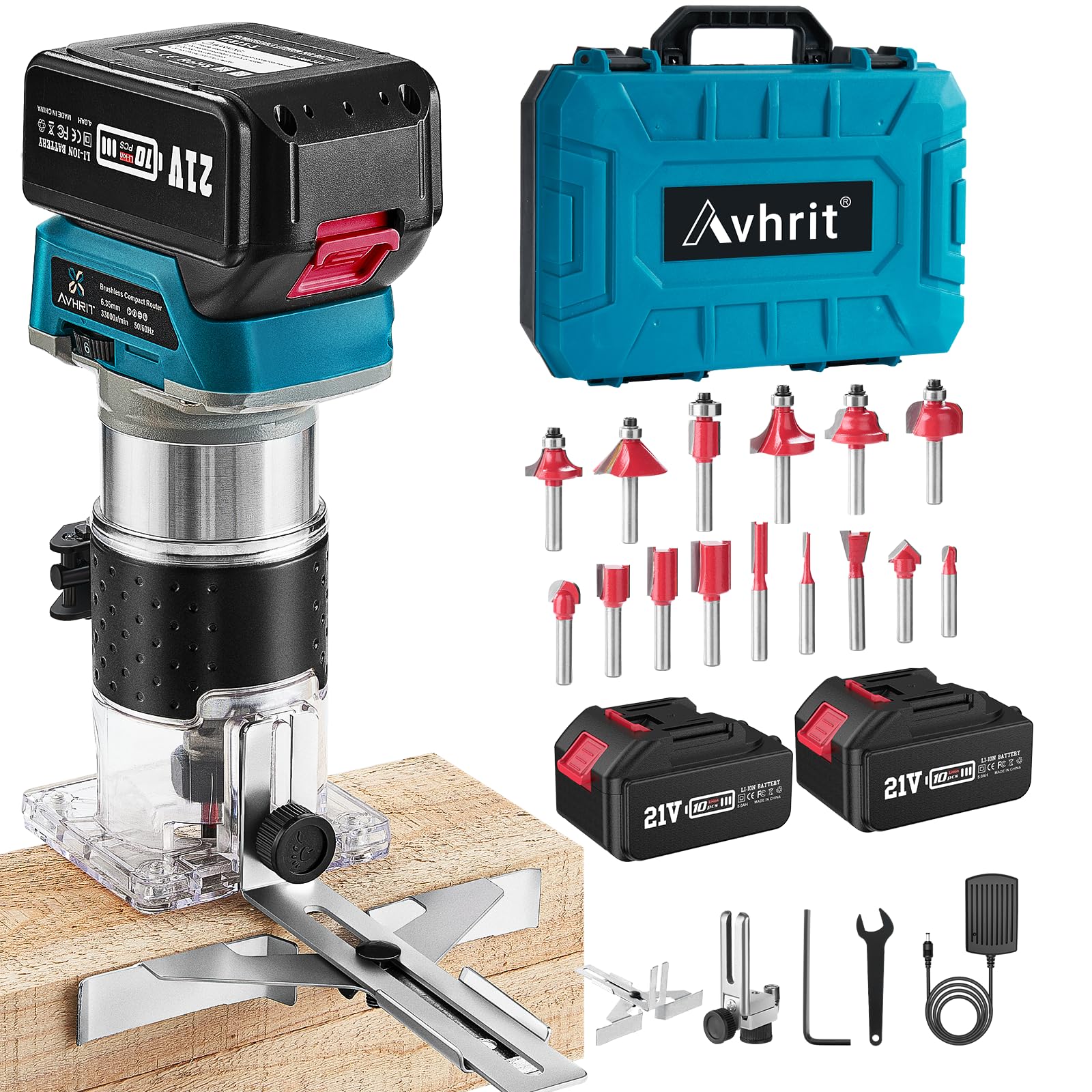 Avhrit Cordless Compact Wood Router Tool with Edge Guide 2 Batteries