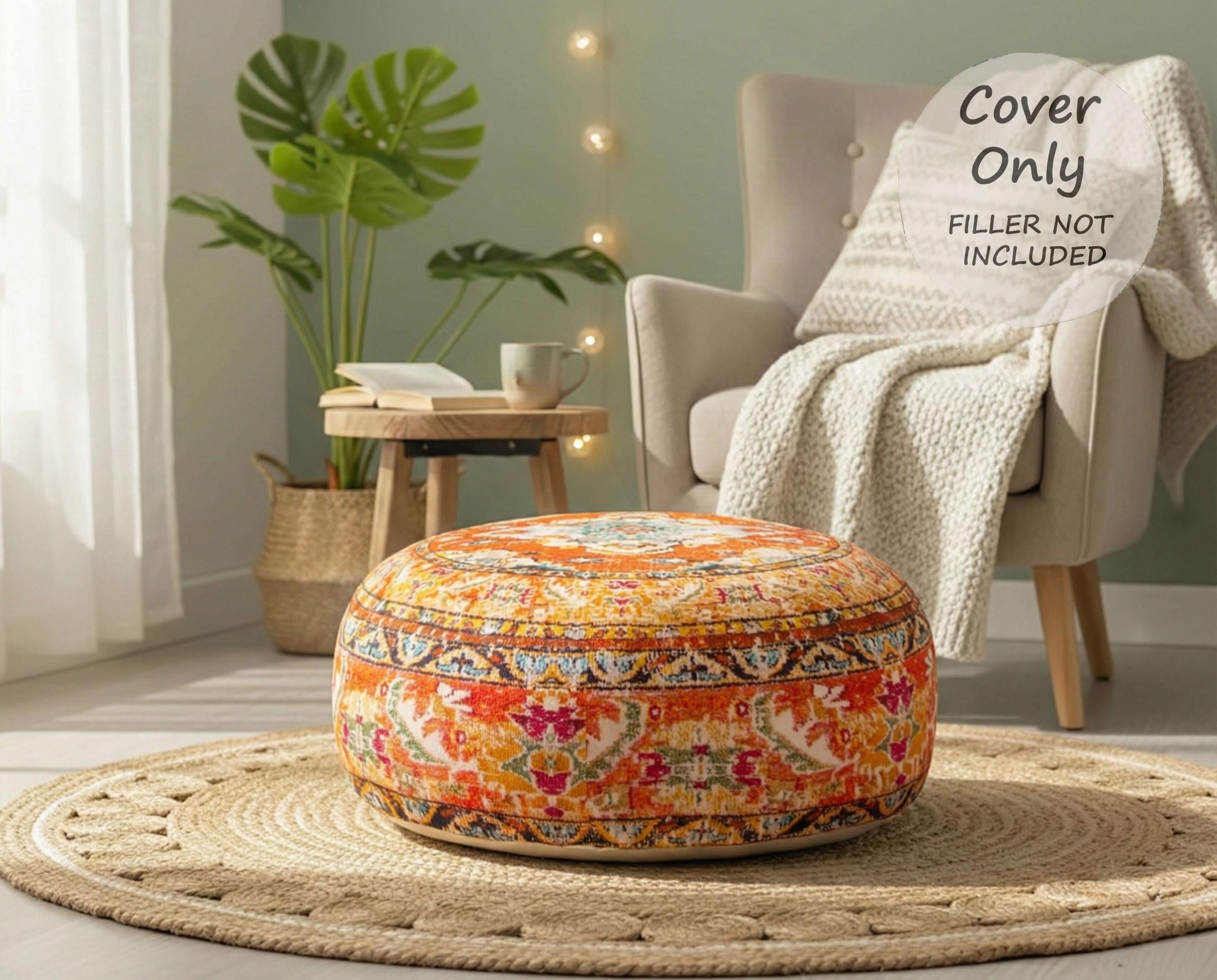 Mandala Life ART Funda de cojín de Piso Bohemian Rug - Redonda 60x20 cm - Puf de decoración de habitación Artesanal de Lujo para meditación, Yoga y Boho Chic Funda de Almohada de Piso para Asientos