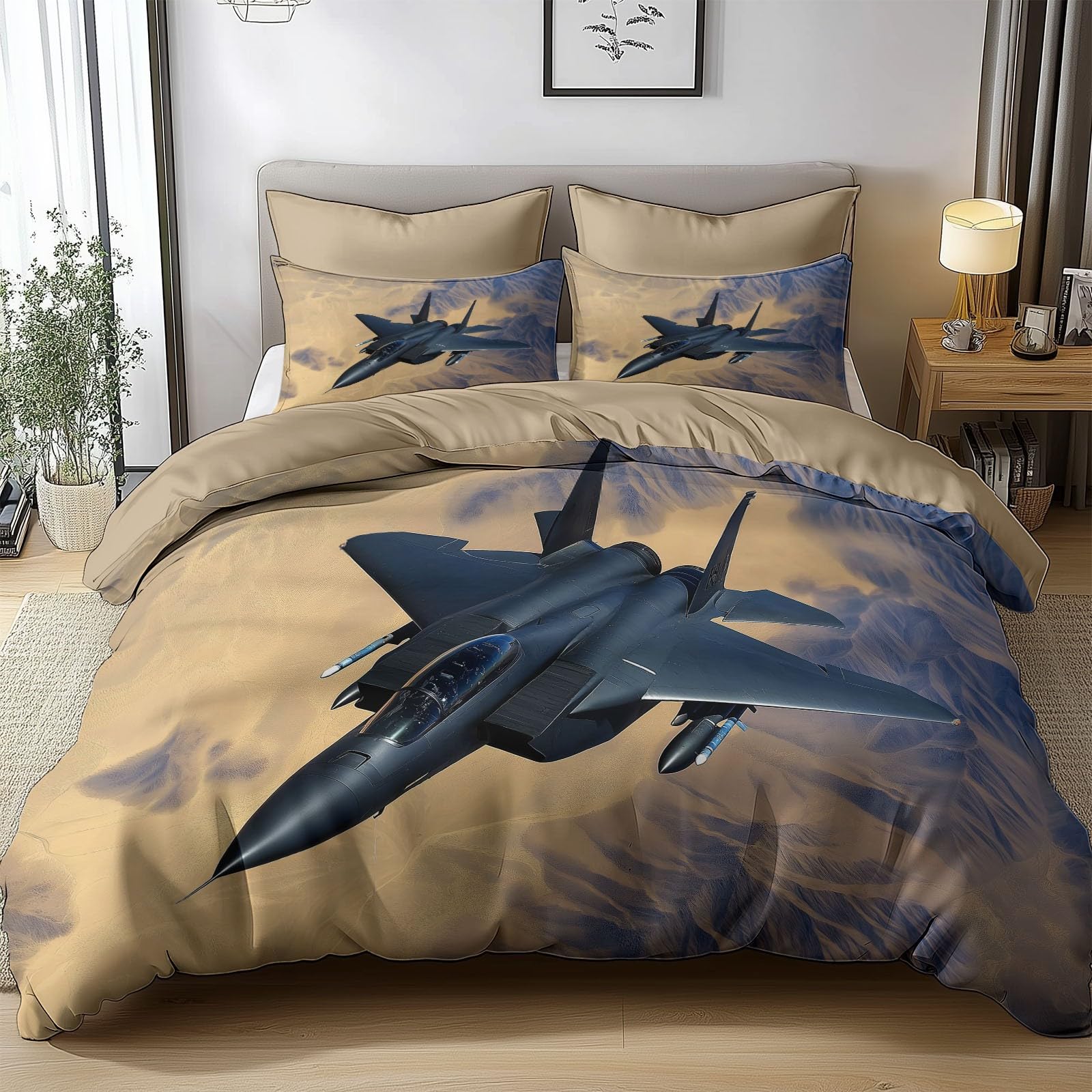 Housse de couette 220x240 cm microfibre brossée douce parure de lit enfant motif avion de chasse
