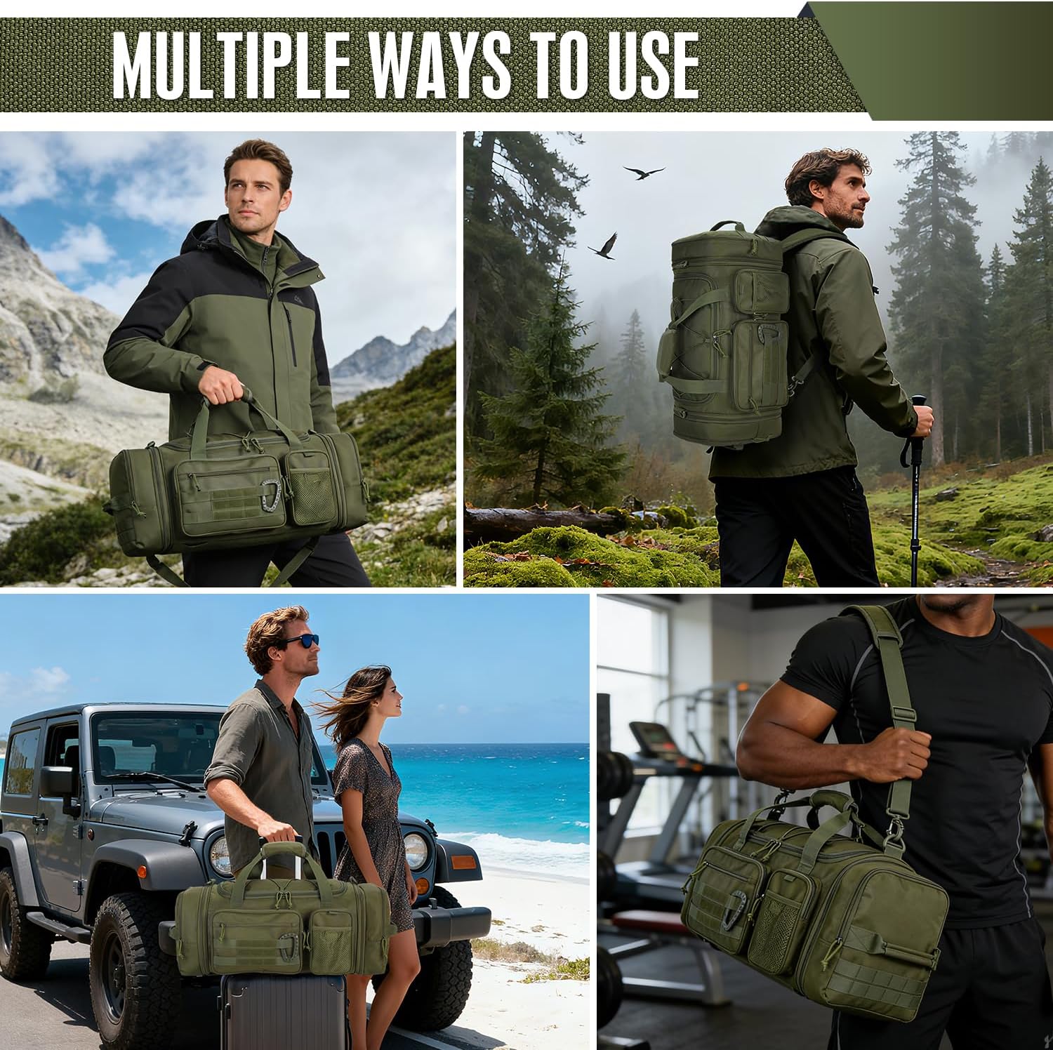 3 in 1 Tactical Gym Bag Backpack for Men 40-45L Expandable Travel Duffle Bag for Women Military Sport Duffel Bags Weekend Overnight with Shoe Compartment & Wet Pocket for Fitness, Green