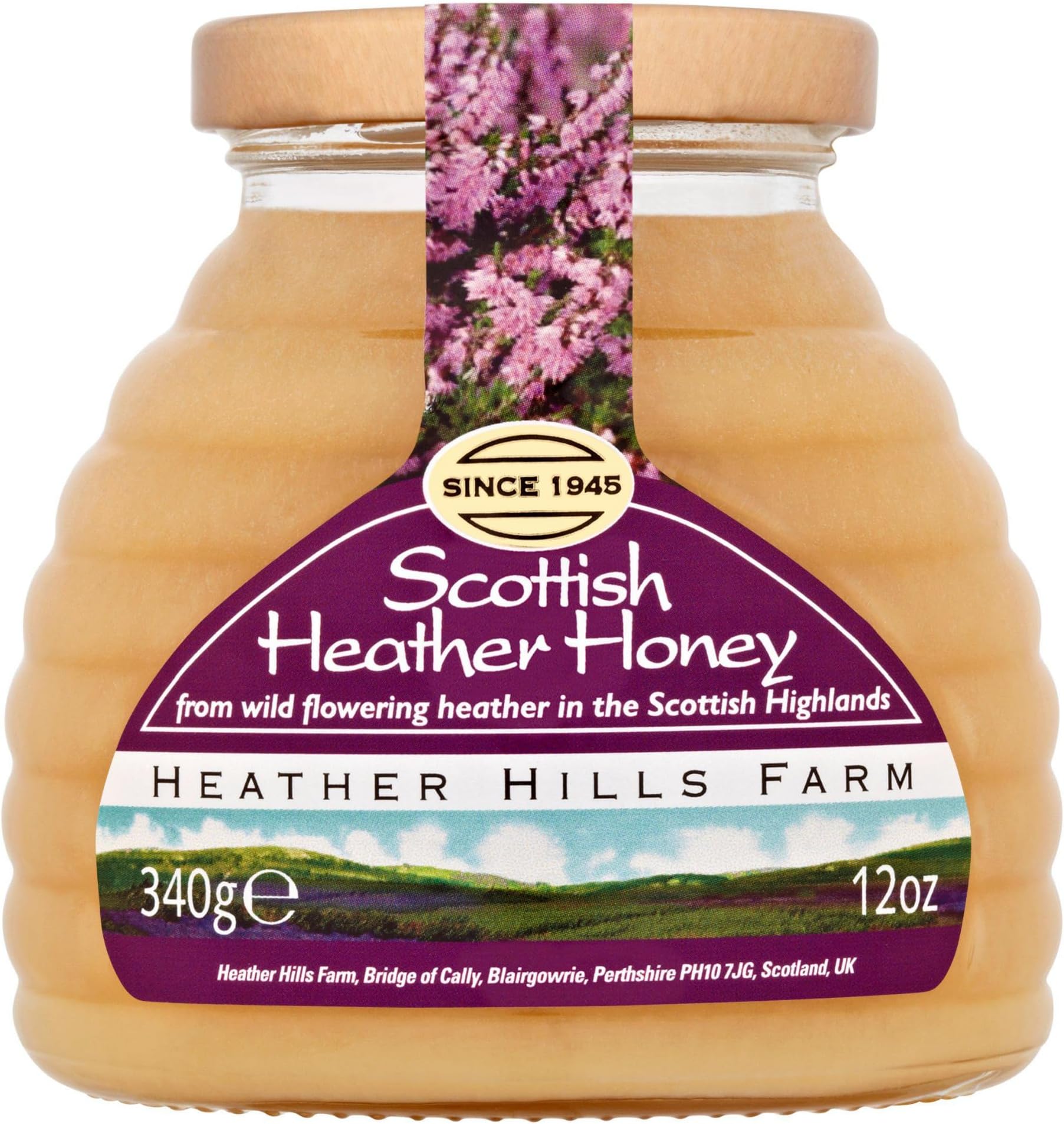 Raw Scottish Heather Honey Jar 340g (12oz) - Highland Wild-flowering Purple Ling Heather Artisanal Pure Natural Honey, Traditional British Food Gift & Spread, Made in Scotland