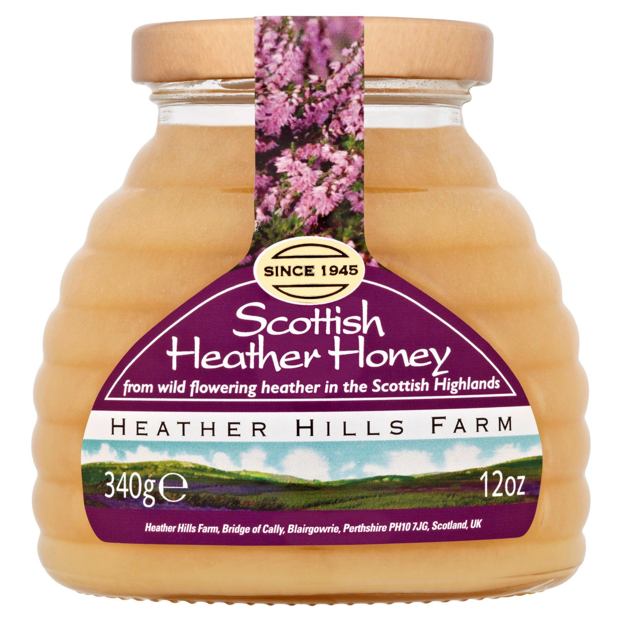 Heather Hills Farm Raw Scottish Heather Honey Jar 340g (12oz) - Highland Wild-flowering Purple Ling Heather Artisanal Pure Natural Honey, Traditional British Food Gift & Spread, Made in Scotland