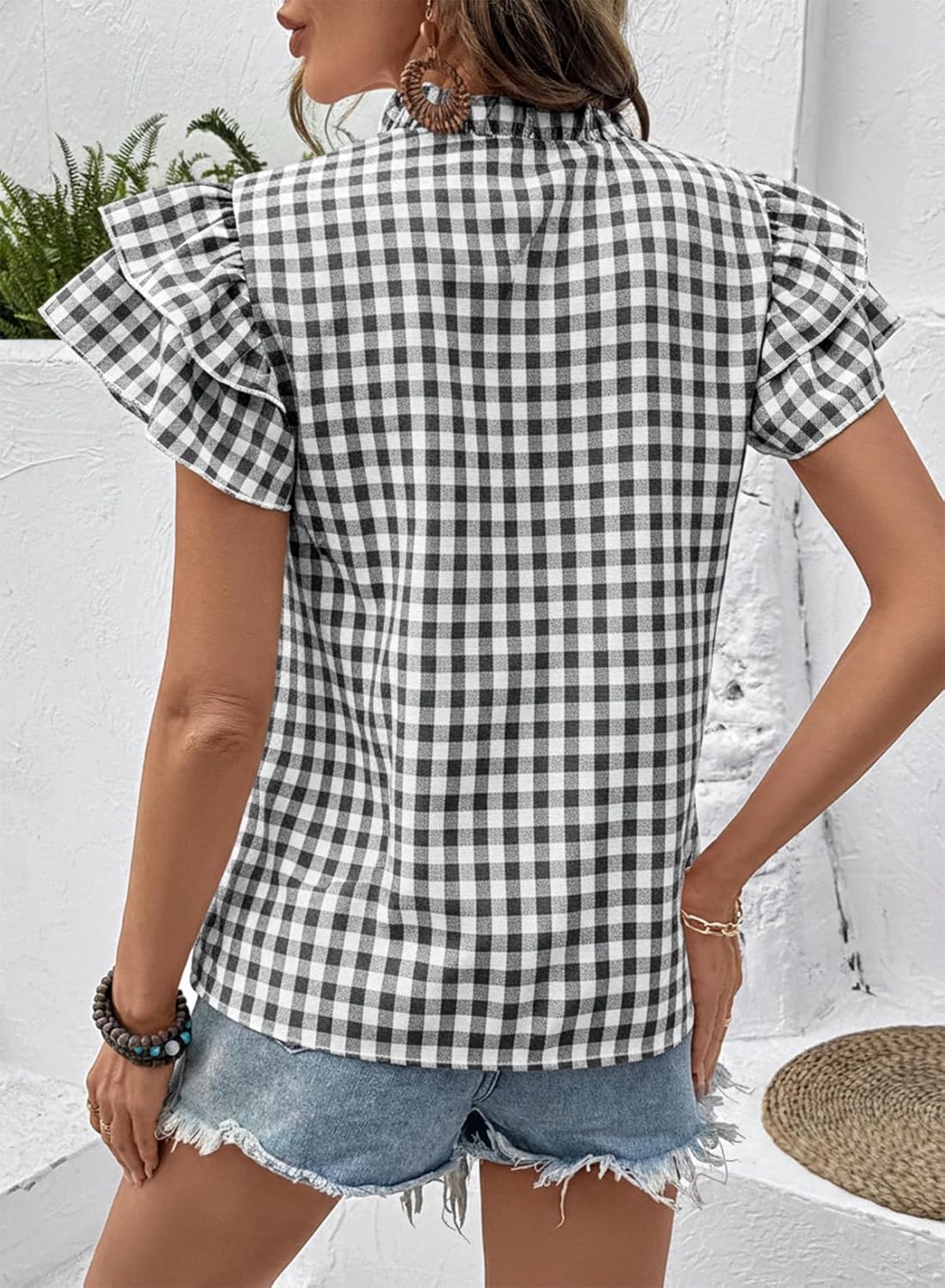 SHEWIN Womens Tops V Neck Ruffle Short Sleeve Gingham Shirts Blouses Cute Summer Tops for Women 2026 - Image 5