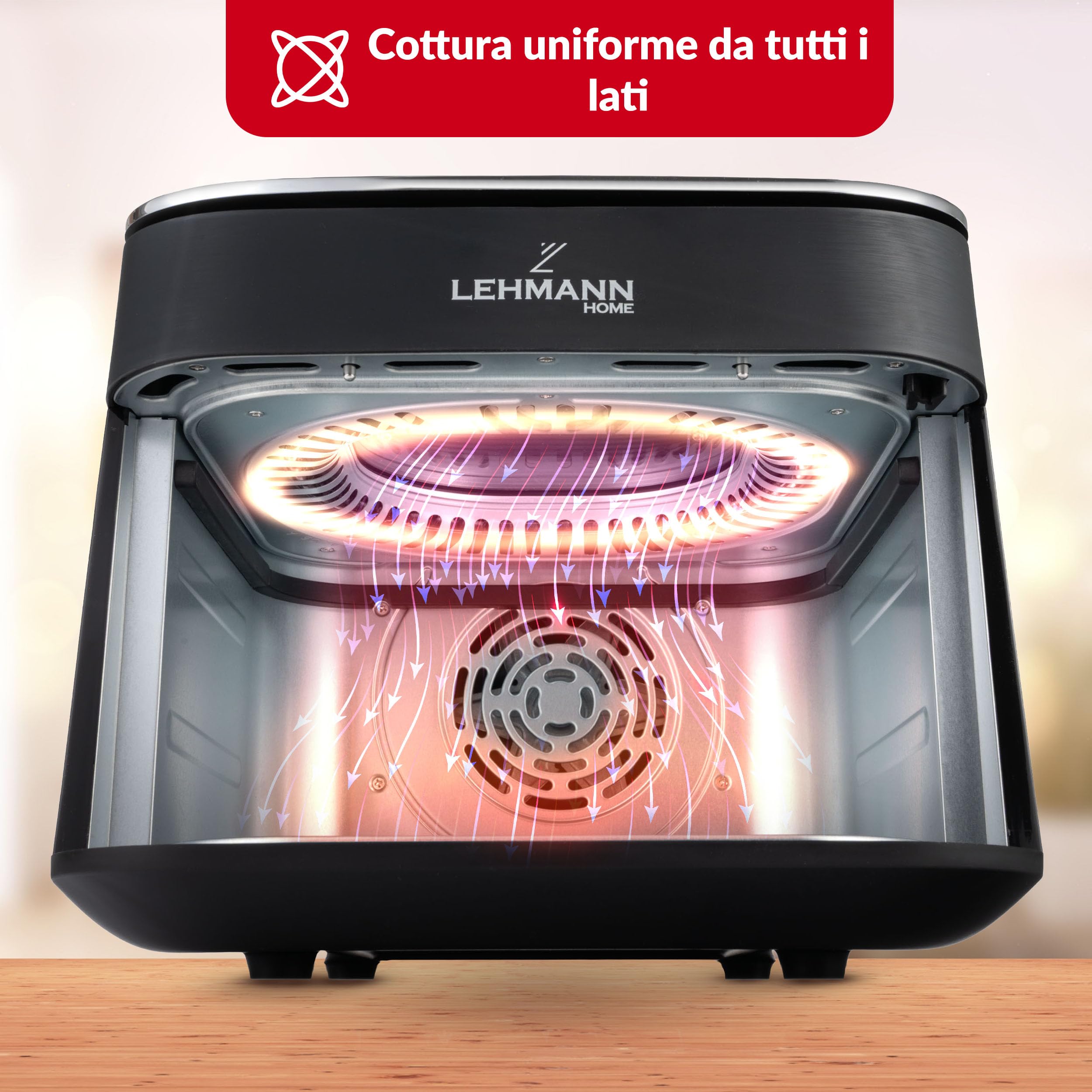 LEHMANN Friggitrice ad Aria XL 6,5L, Air Fryer con Finestra Panoramica Superiore e Illuminazione Interna, Display Touch, 12 Programmi, Promemoria di Agitazione, Griglie Lavabili in Lavastoviglie