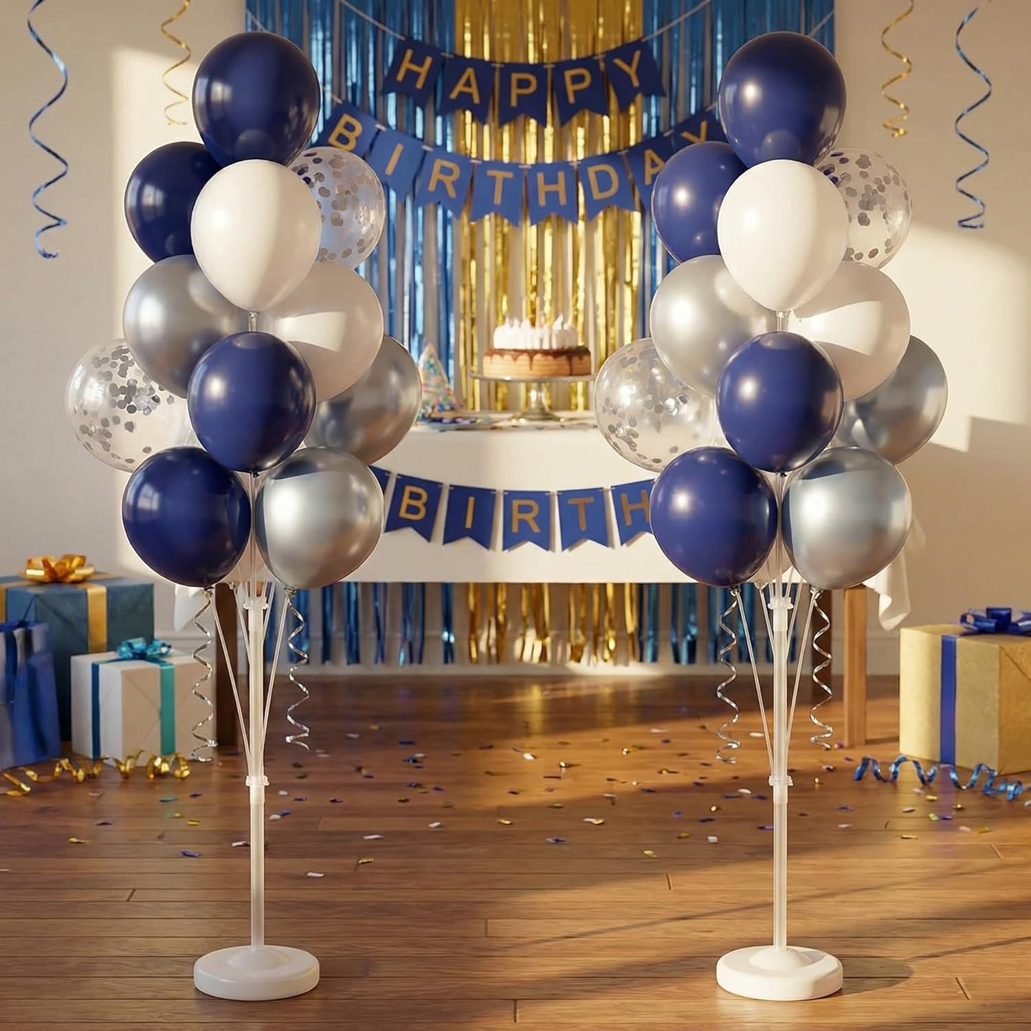 Navy Blue Silver Confetti Balloon Column Kit Set of 2 Included-Balloon Column Stand with Base&Pole,Backdrop Decoration for Metallic Chrome Wedding, Baby Shower, Birthday,Gaduation Party Decoration