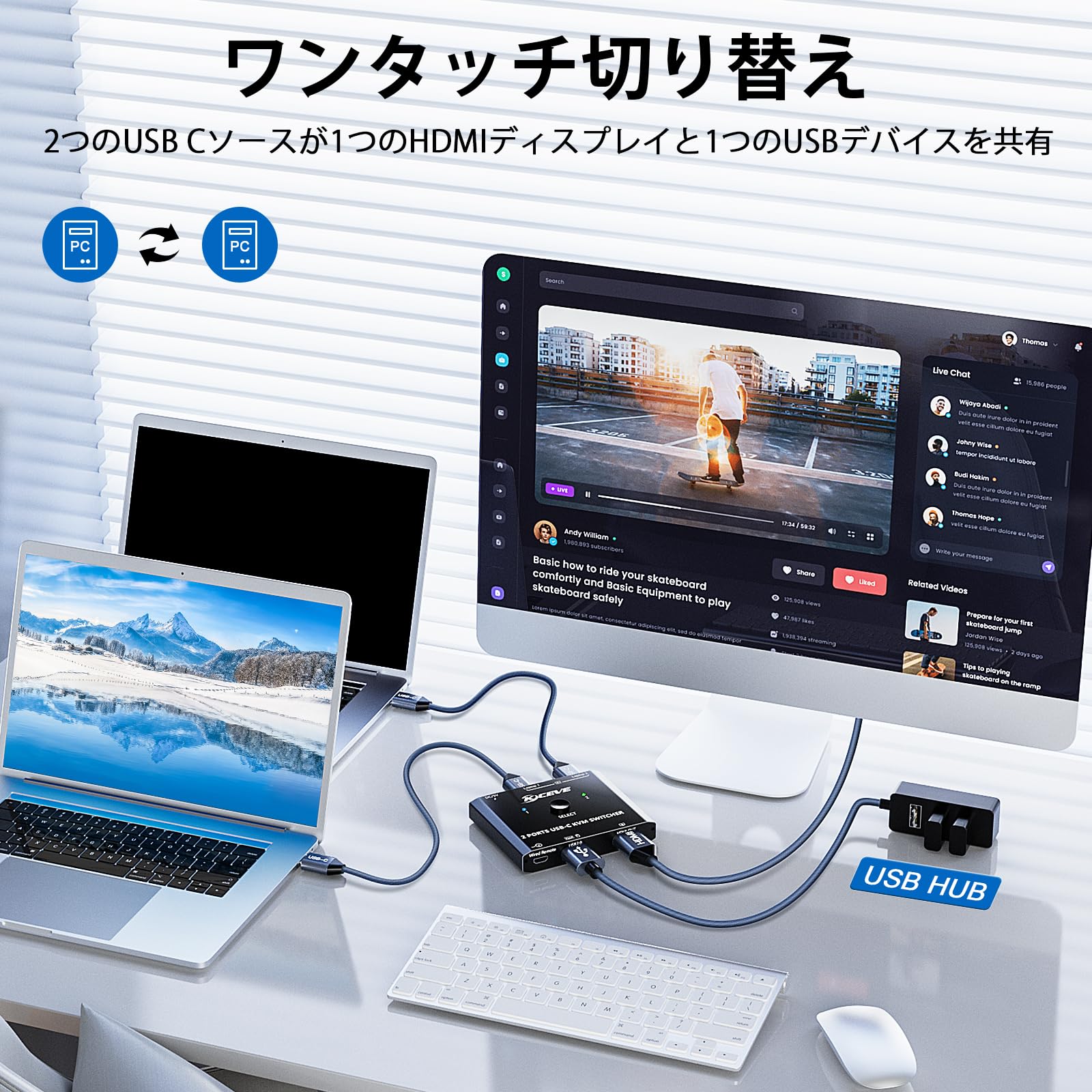 KCEVE USB-C KVM切替器 2入力1出力 Amazon.co.jp: KCEVE 2入力1出力 Type-C KVMスイッチ ノートパソコン用