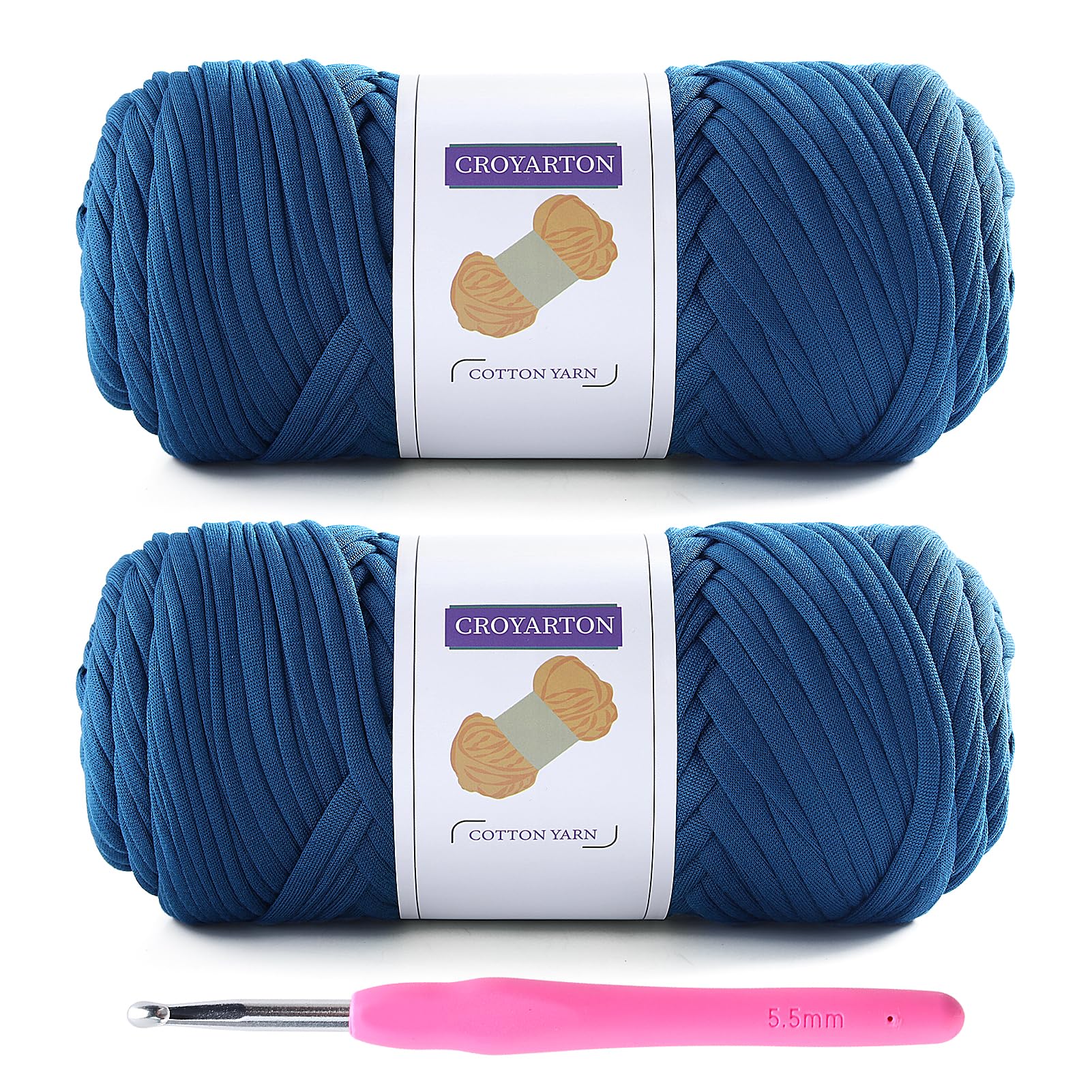2 Pack T Shirt Yarn for Crocheting with 1 Crochet Hook, Elastic Tshirt Yarn for Crochet Bag/Baskets/Home Decor, Spaghetti Yarn Thick Knitting Yarn Total Length 130 Yds, Weight 14 Oz (Dark Blue)
