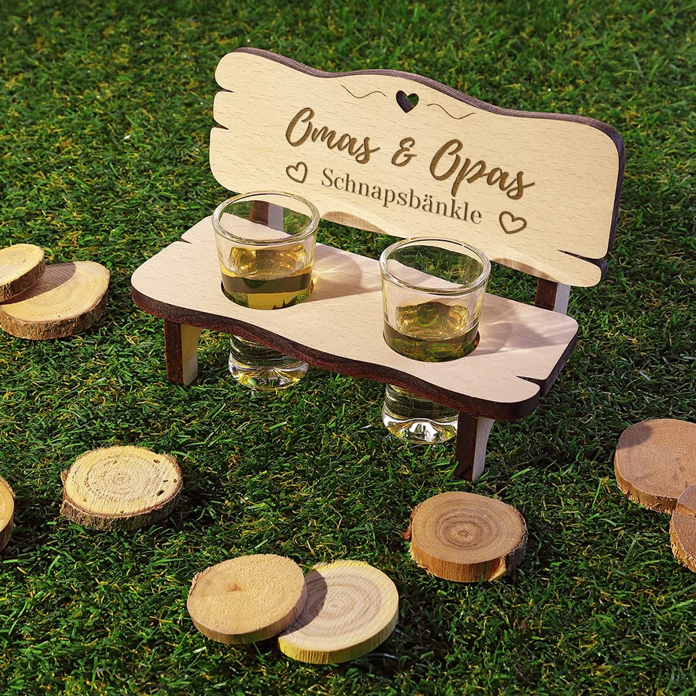 Schnapsbank mit Gravur für Oma & Opa - Motiv Schnapsbänkle - Holzbank mit 2 Schnapsgläser - nachhaltig und robust - Großeltern, Grandparents - Geschenk für Geburtstag, Weihnachten, Jubiläum