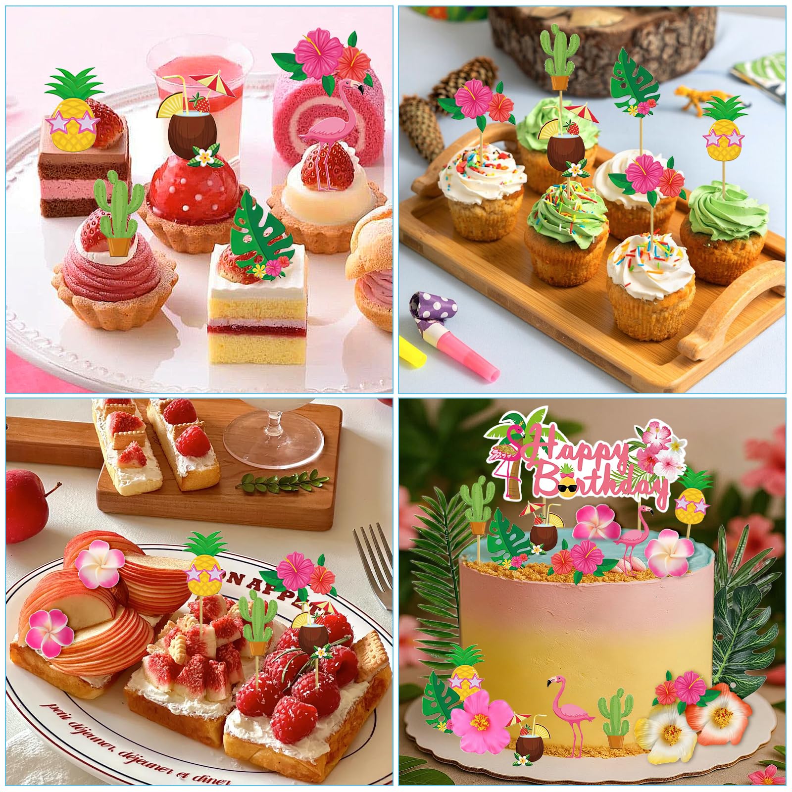 Hawaiano Cake Topper, Topper Tartas Hawaiana, Decoración de Pastel Tropical, Decoracion Tartas Cumpleaños, con Flamencos, Flores, Palmeras, para Cumpleaños, Playa de Verano, Hawaianas