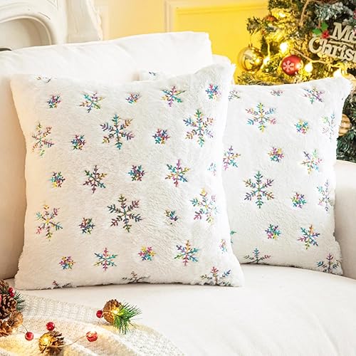 AQOTHES Fundas de almohada decorativas de piel sintética, almohadas de lentejuelas con purpurina y copos de nieve para decoración de Navidad, sofá,