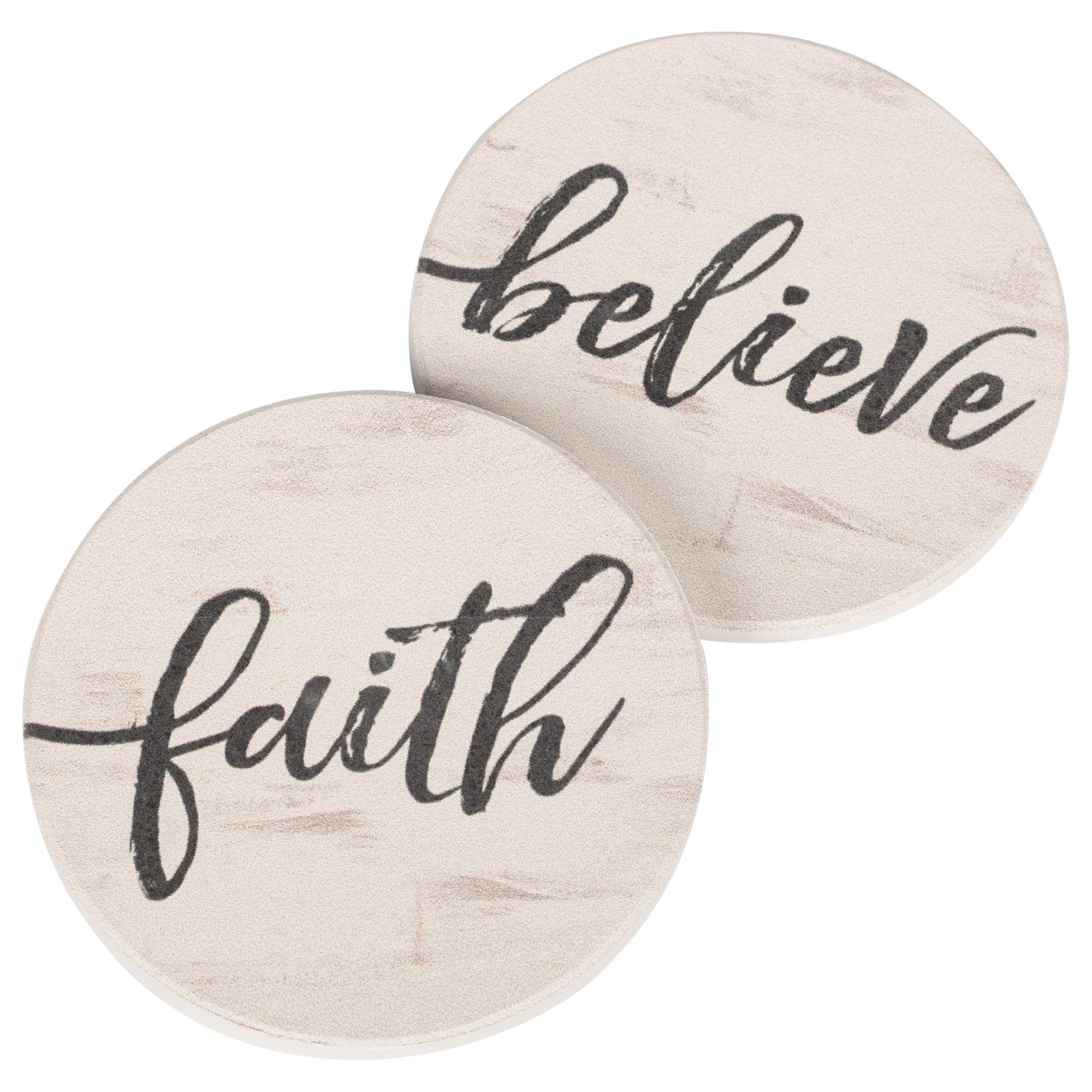 Faith Believe Script Design White 2.75 x 2.75 Absorbent Ceramic Car Coasters Pack of 2