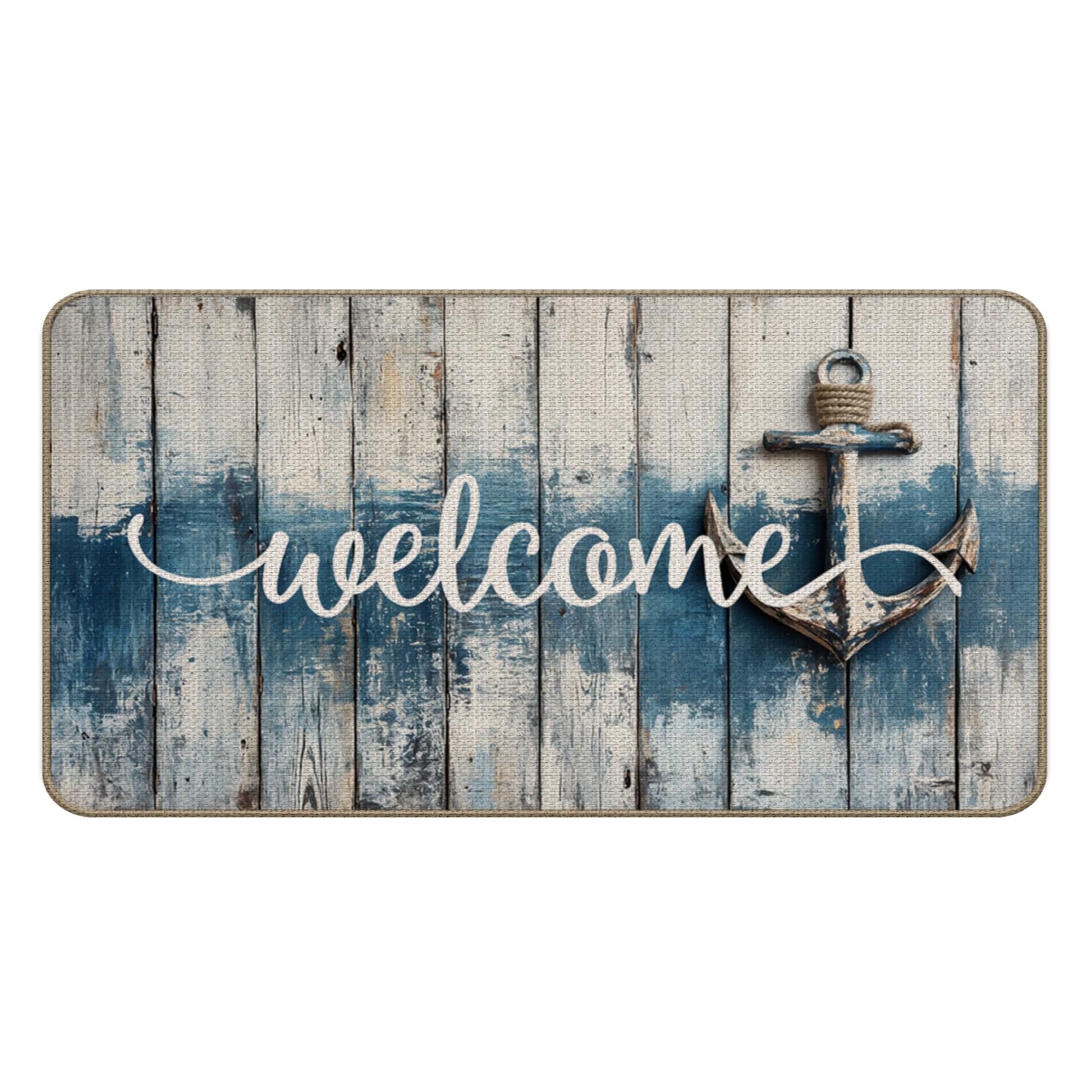 Xiyurlk Nautical Anchor Welcome Door Mat, Coastal Beach Door Mats Indoor Outdoor Entrance, Vintage Marine Decorative Welcome Mat for Boat Deck Home Front Doors Porch Entryway, 17x30 Inch, B015