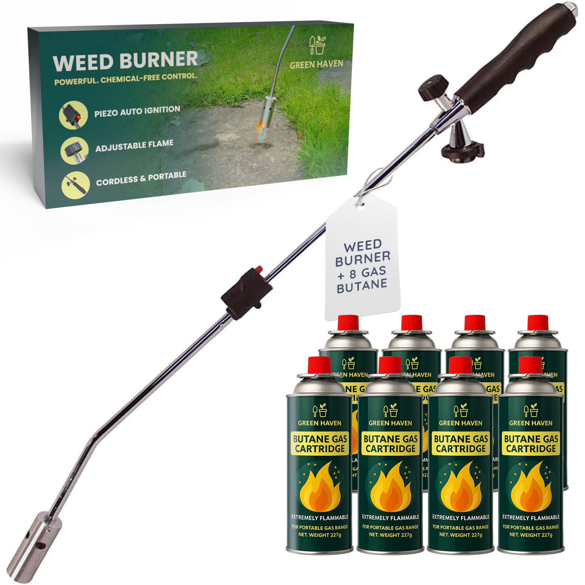 GREEN HAVEN Weed Burner with 8 Butane Gas Canister - Auto Ignition, Adjustable Flame Butane Weed Burner, Flame Thrower for Weeds Wand Burner for Driveways & Patios