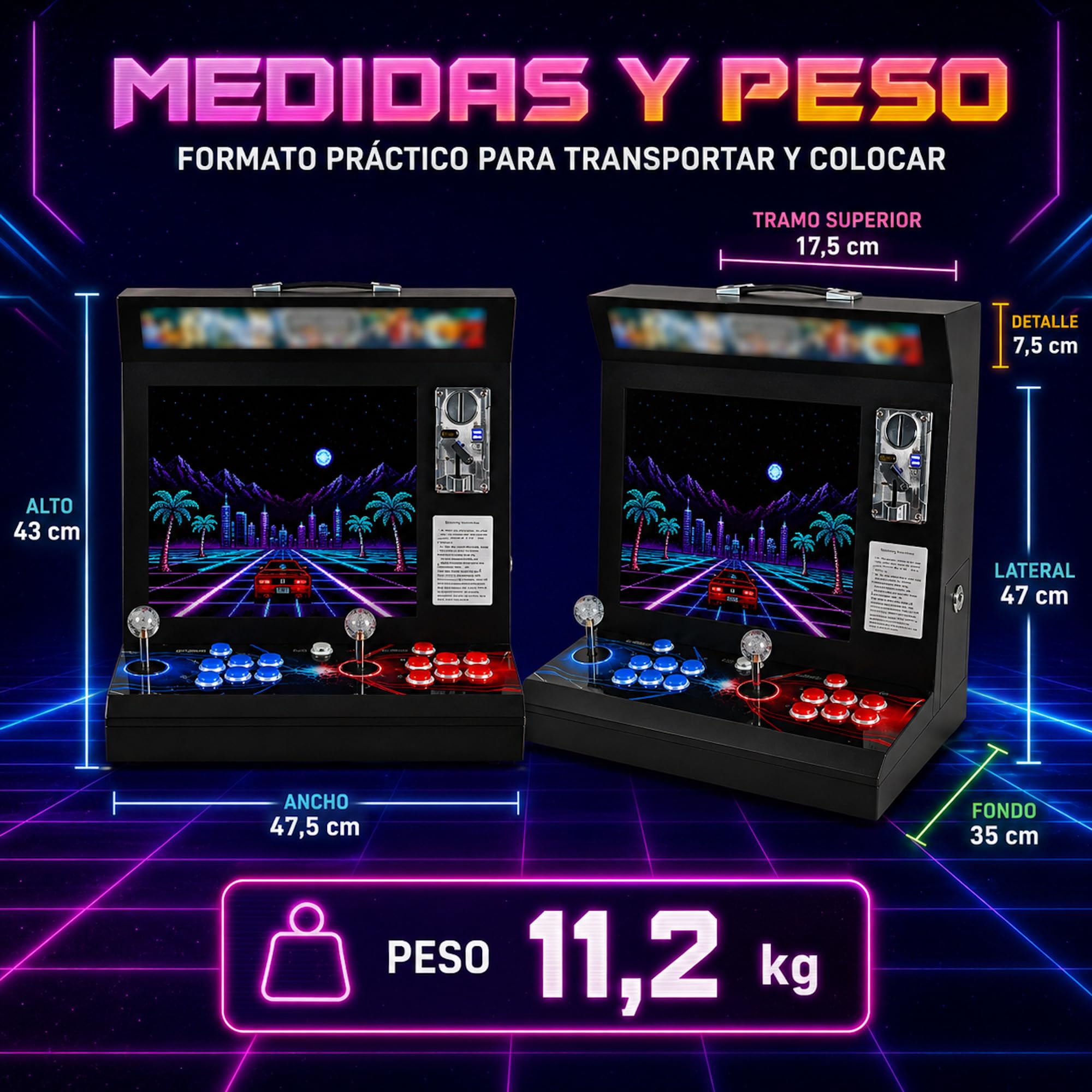 Máquina Arcade Tipo Bar Top 17” 4:3 | 9.800 Títulos Retro y 3D | 2 Jugadores con 6 Botones y Joysticks Arcade | Altavoces y Monedero Integrados | Compatible con hasta 4 Jugadores