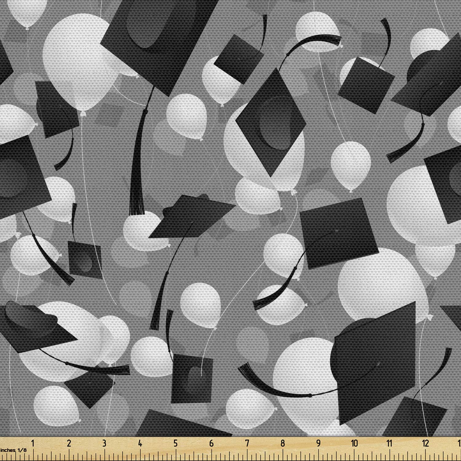 Lunarable Graduation Fabric by The Yard, Clutter of Mortarboard and Balloons in Greyscale Tones, Decorative Fabric for Upholstery and Home Accents, 2 Yards, Grey Charcoal