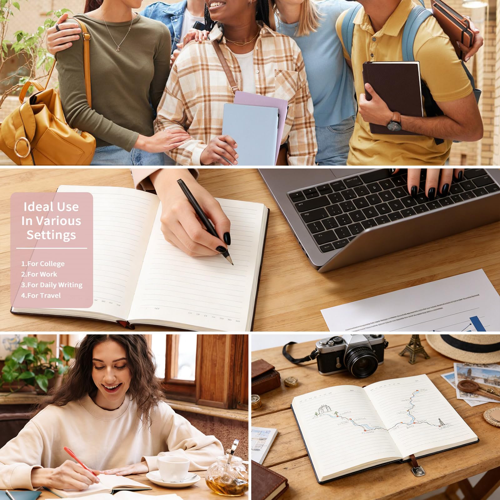 Carnet ligné pour femme, format A5, couverture souple en cuir synthétique, 160 pages, épais pour voyage, quotidien, université, pour le travail, l'école, la prise de notes, les affaires, 16 x