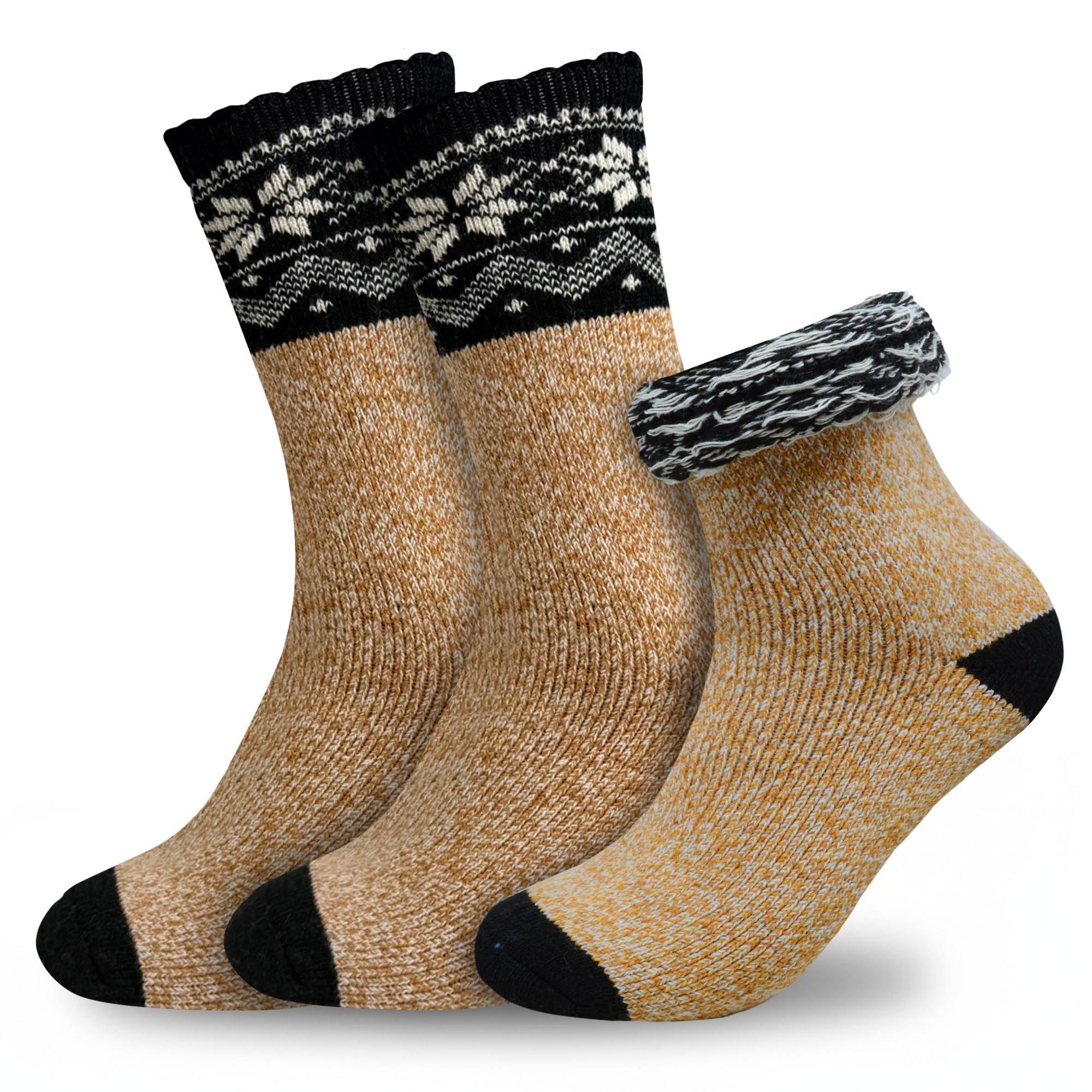 Towelogy Mens Thick Merino Wool Socks 1 Pair | 2.4 TOG Fluffy Warm Thermal Winter Boot Socks | Argyle Knit Design, One Size Fits UK 6–11 (1, Camel Brown)