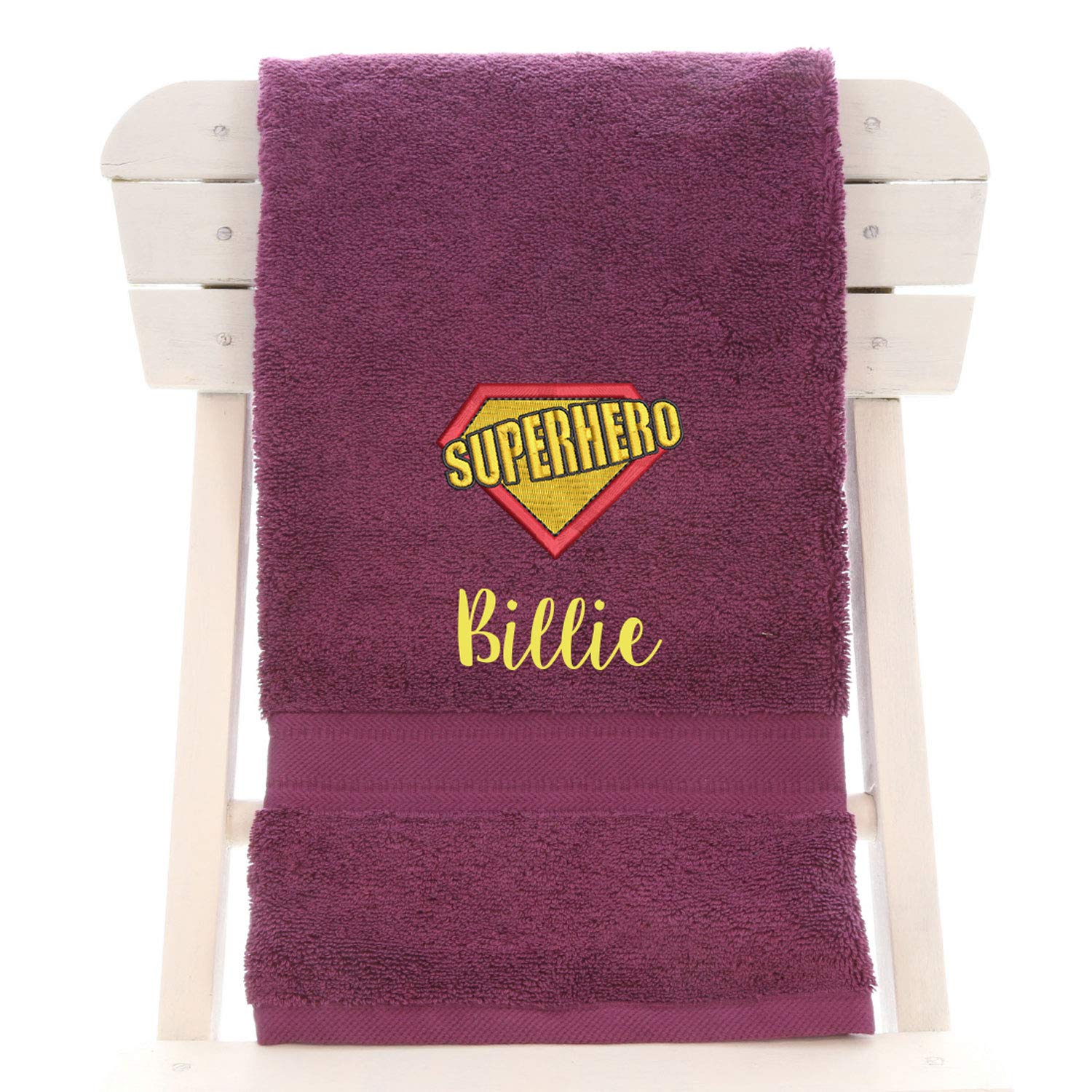 aztex Personalised Children's 100% Cotton Bath Towel with Superhero Logo & Name, 550gsm, 70cm x 130cm - Aubergine