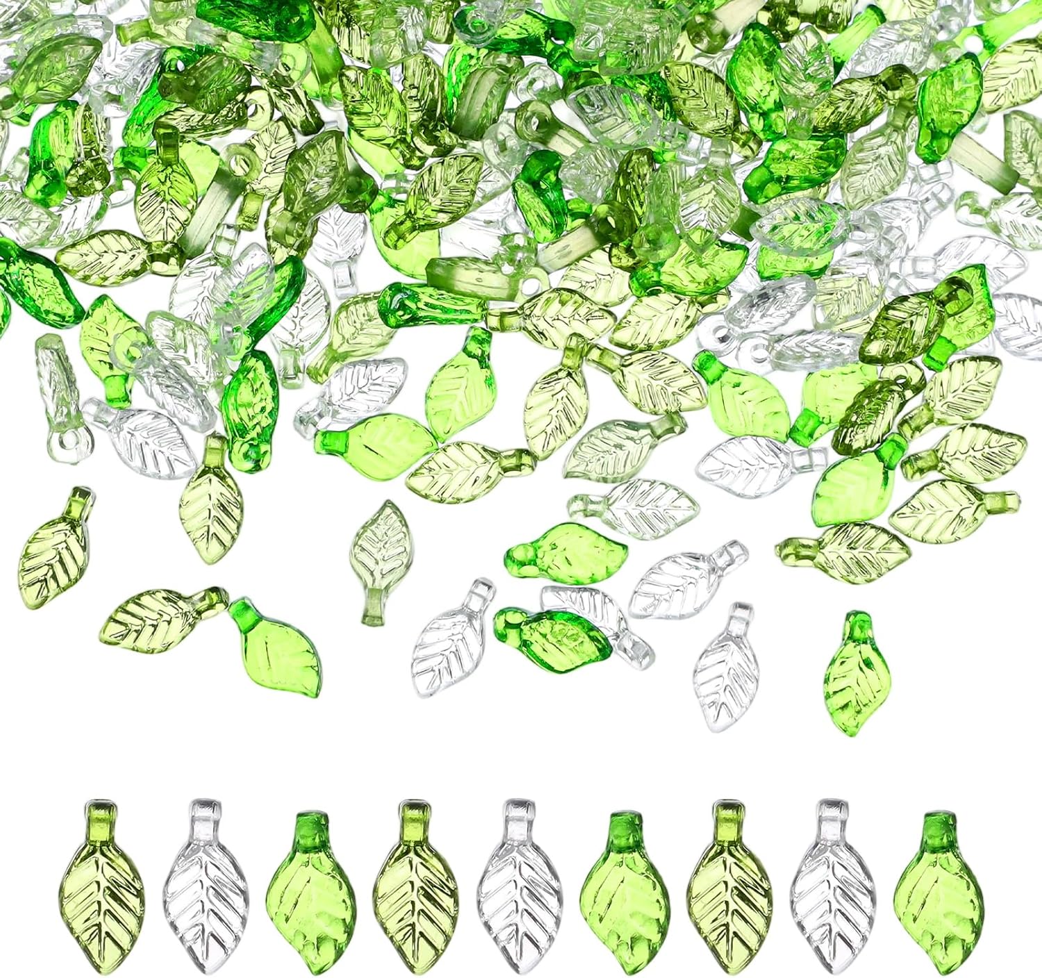 300 Pcs Green Leaf Beads for Jewelry Making, Acrylic Transparent Plant Charms Leaves Pendants Green Leaf Beads Caps for DIY Bracelets Necklaces Earrings Craft Embellishments
