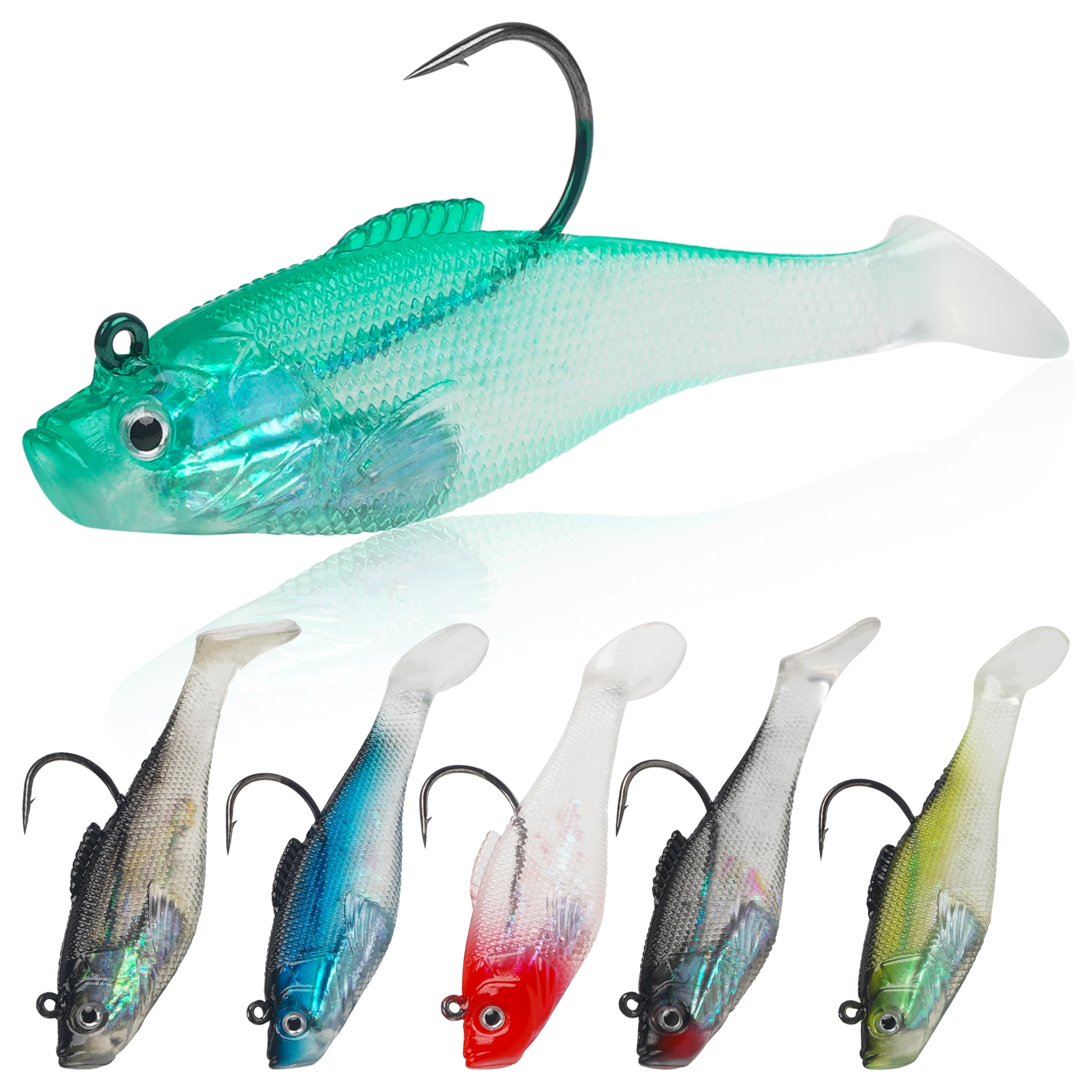Soft Fishing Lures Pre-Rigged Swimbait Jig Head Paddle Tail Swim Baits Swim Shad Lures Soft Plastic Swimbait Bass Trout Walleye Sinking Baits Fishing Lures Kit for Saltwater Freshwater