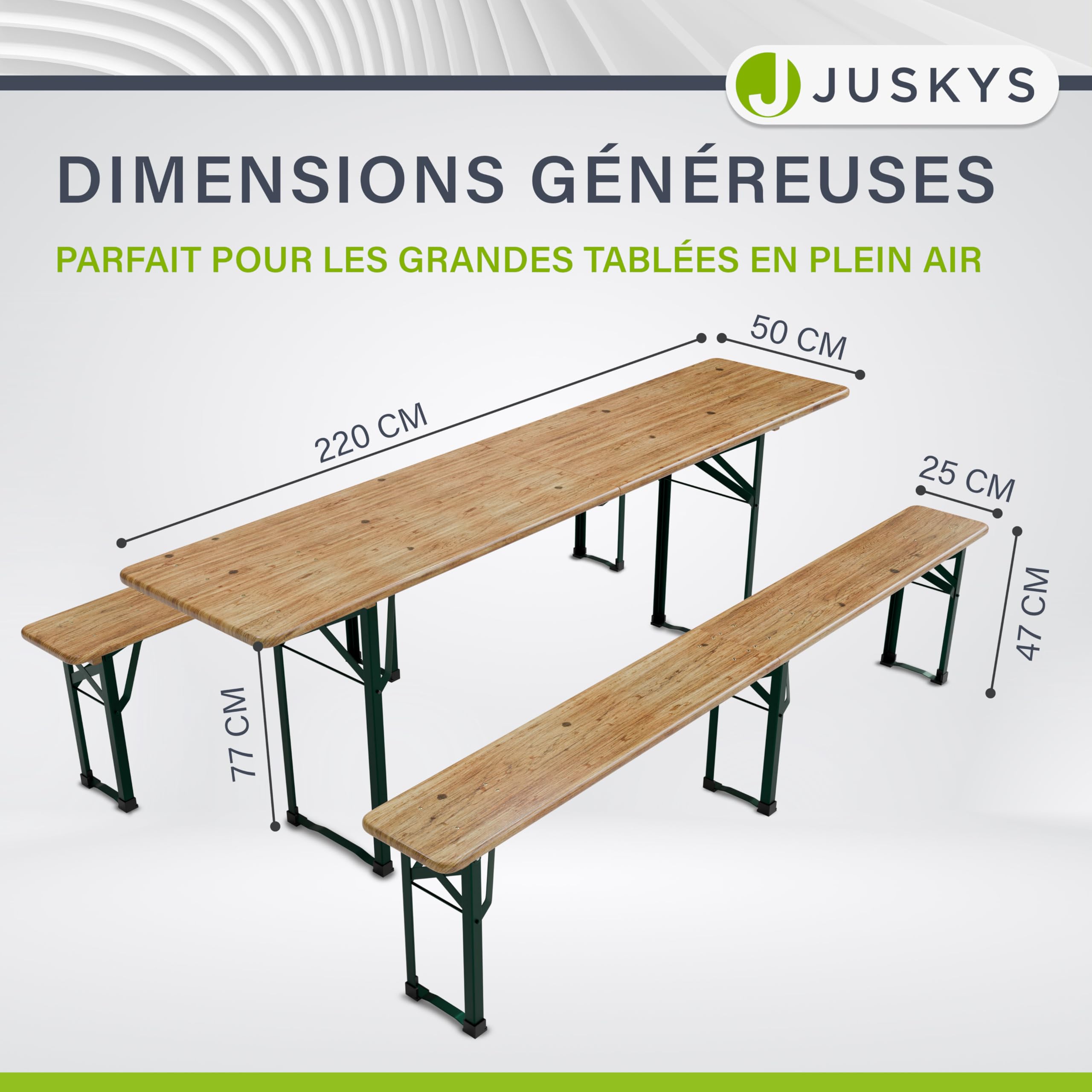 Juskys Ensemble Table et bancs de Brasserie - 3 pièces & Pliable - 220 x 50 x 77 cm - Table Pliante Exterieur & 2 bancs - Set de Meubles de Jardin en Bois de Sapin & Acier