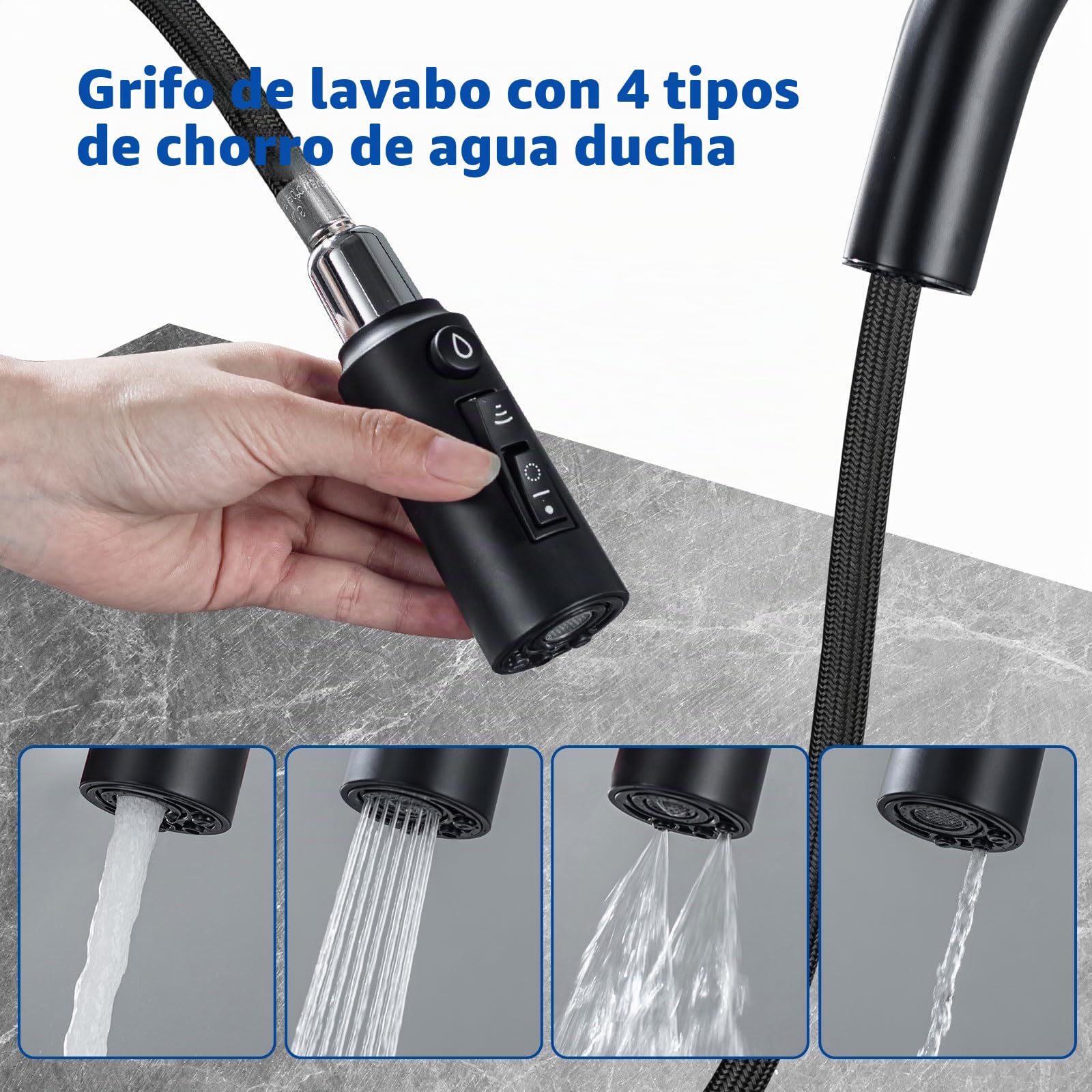 Grifo de Cocina 3 Vías Negro Extensible con Indicador Temperatura LED | Grifo Osmosis 3 vias LakeBayMZC, Grifo Monomando para Fregadero, Giratorio 360°, Acero Inoxidable 304 para Cocina, Baño Bar
