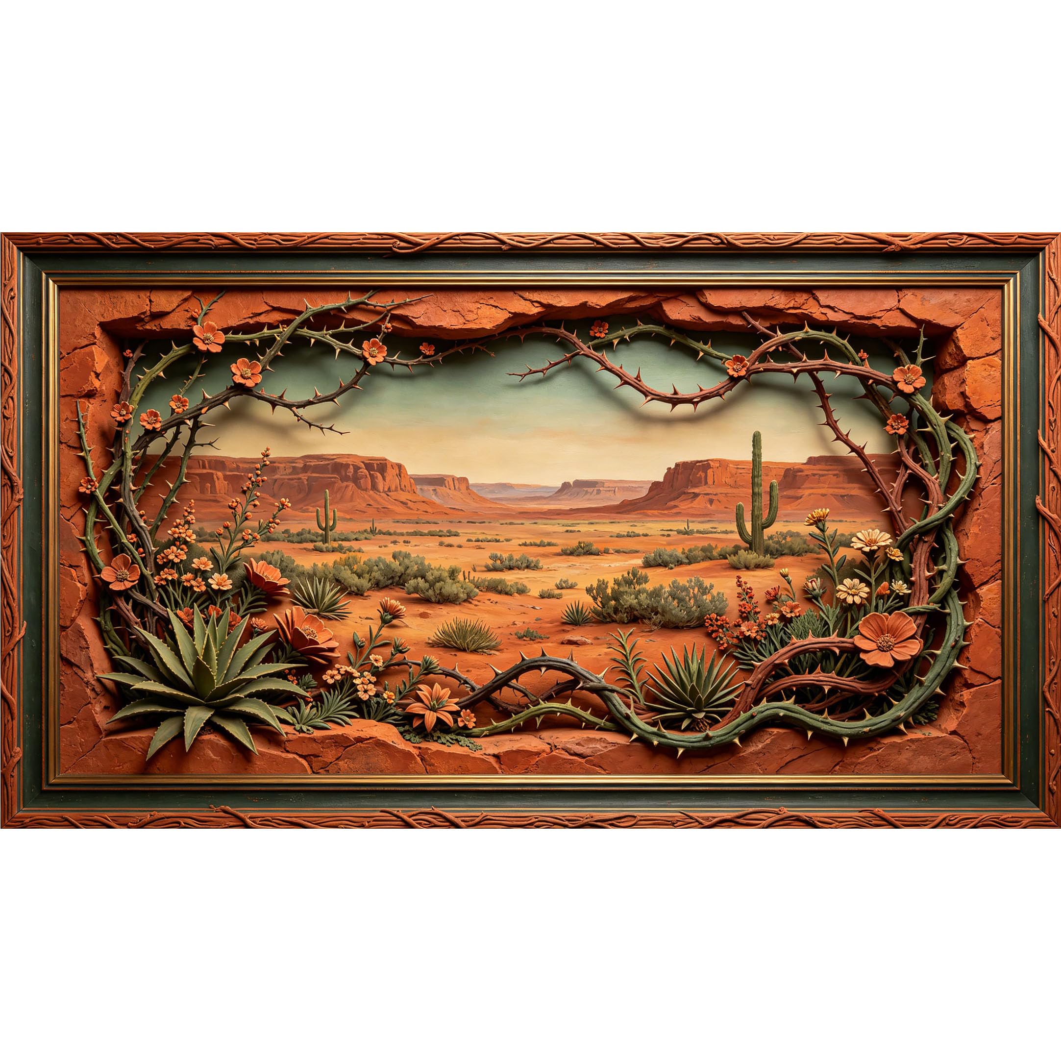 QZLITHOTIC 50×90cm3D Framed Wall Art， Western Desert Landscape Cactus Floral SelfAdhesive Mural， WaterActivated Peel & Stick Fabric Decor Wall Decal for Bedroom Living Room