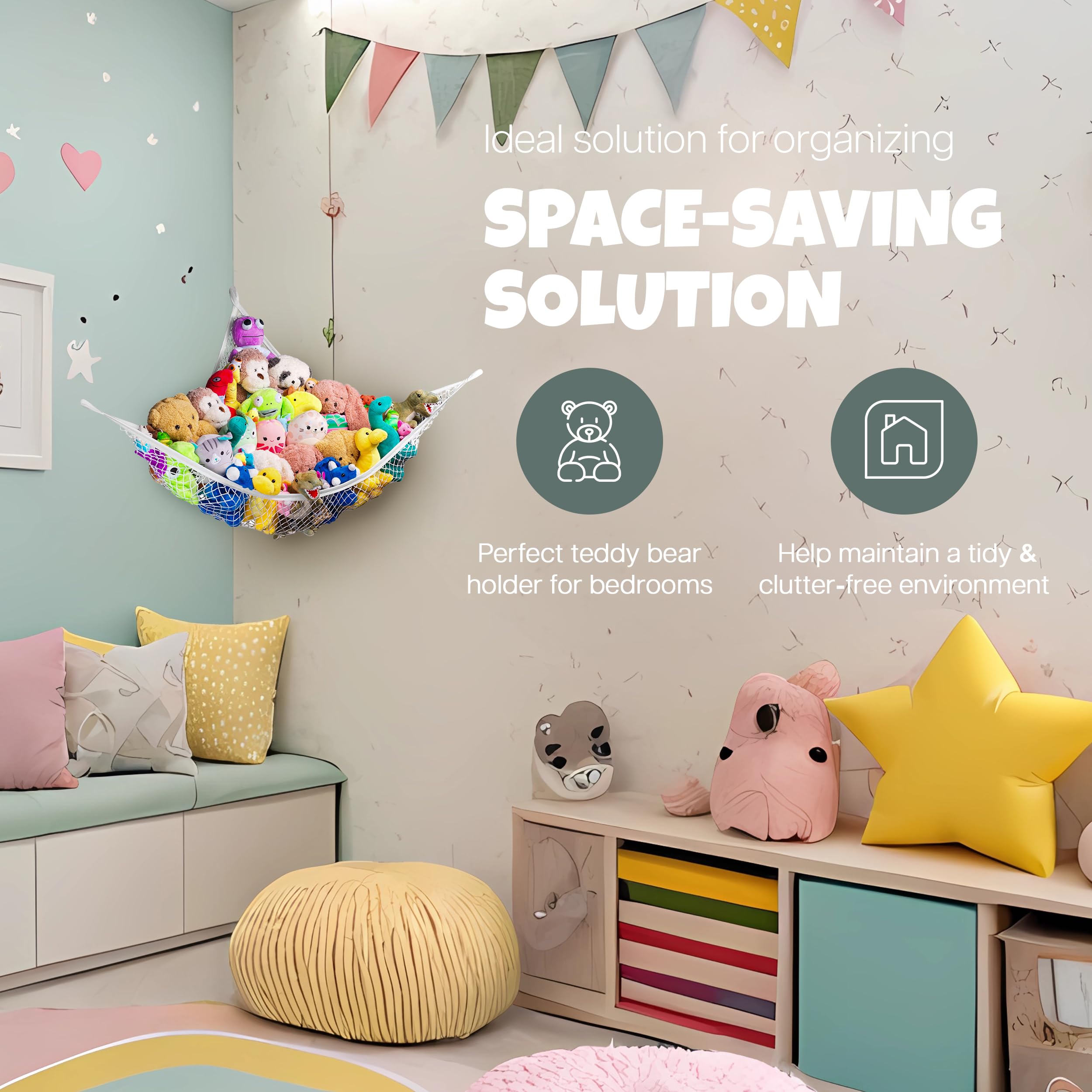 Hamaca esquinera de animales de peluche (paquete de 2) – Organizador de juguetes de malla de esquina para habitación de los niños – Almacenamiento flexible para juguetes de peluche, osos 4