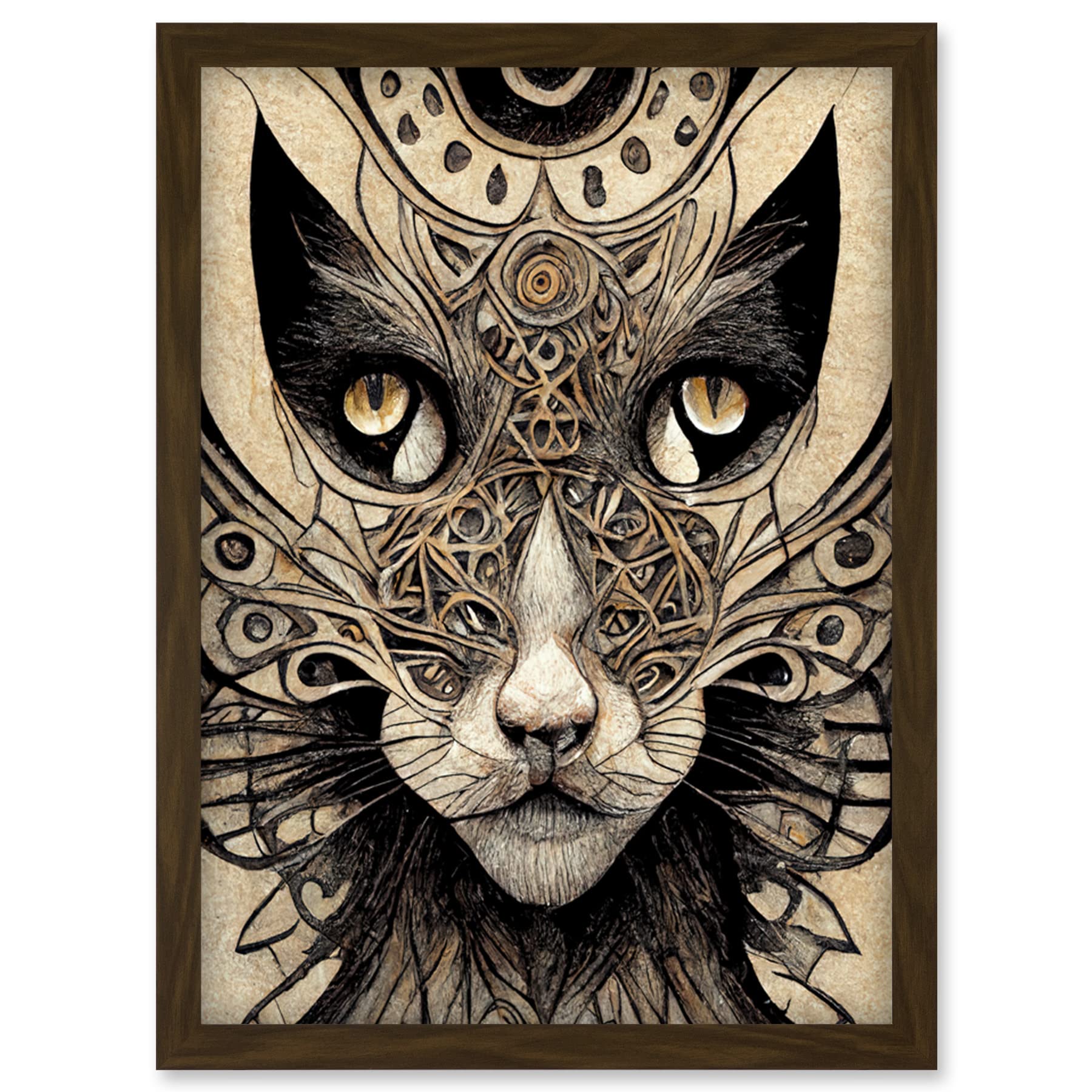 Abstract Cat Face Tribal Pattern Framed Wall Art Print A4 - Artery8
