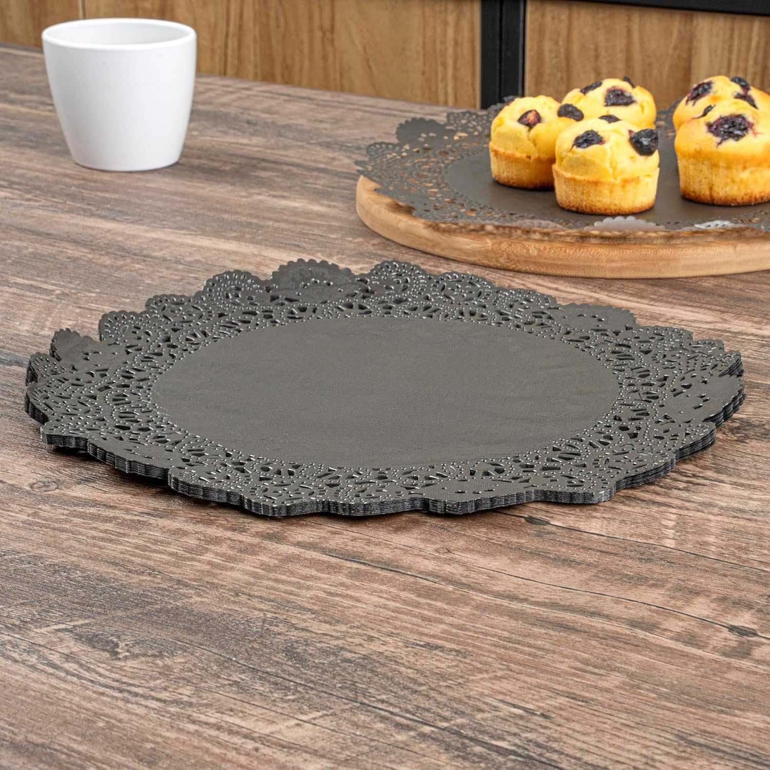 Restaurantware Pastry Tek 12 x 12 Inch Lace Doilies 100 Decorative Tableware Placemats - Disposable Round Black Paper Table Doilies For Birthdays Or Weddings Table Decor