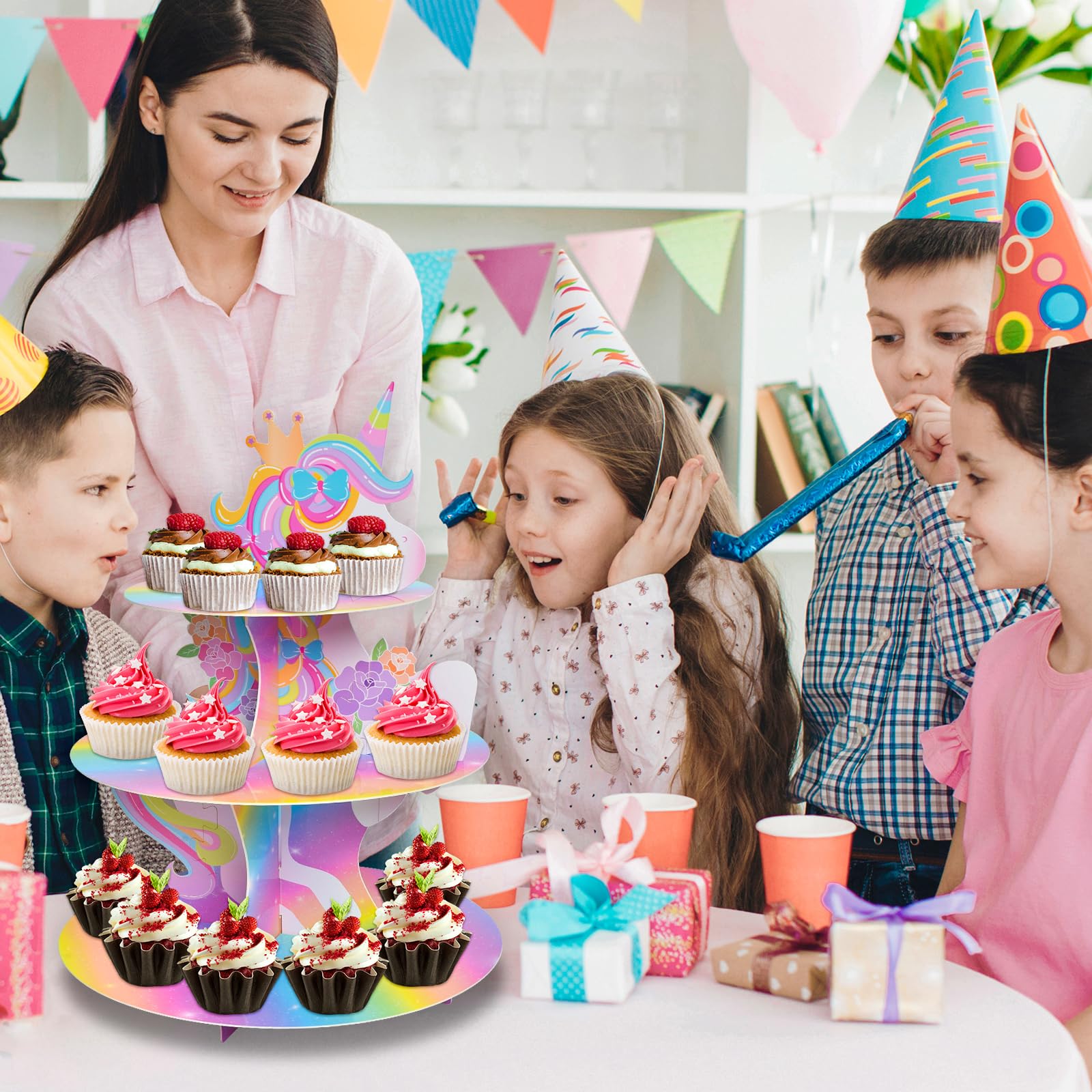 Stand Per Cupcake A 3 Livelli Tema Dinosauri, In Cartone, Altezza 47 Cm - Espositoio Per Feste Bambini