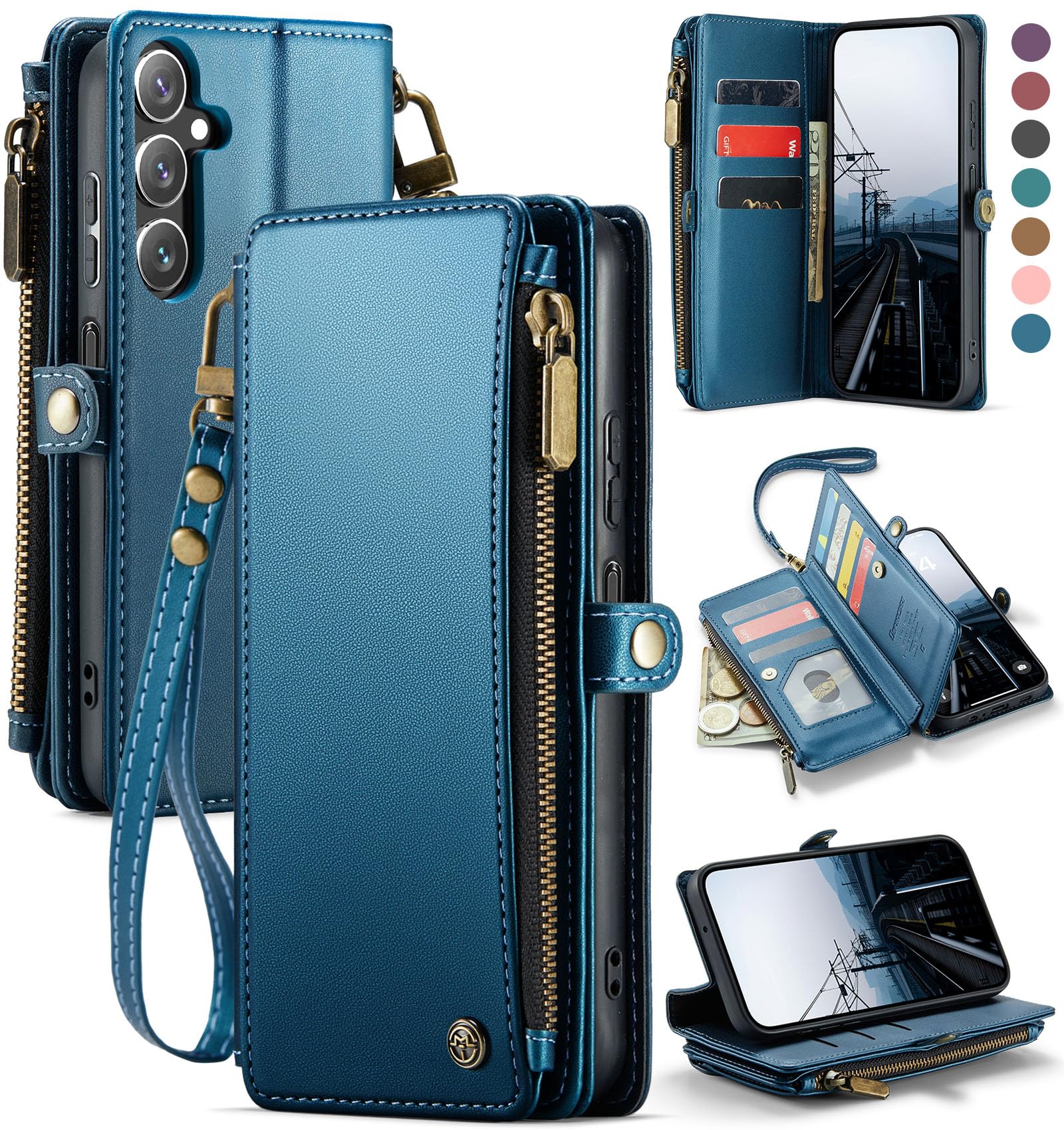 Defencase Compatible with Galaxy A15 5G Case Wallet with RFID Blocking Card Holder for Women Men, PU Leather Magnetic Snap Flip Zipper Strap Wallet