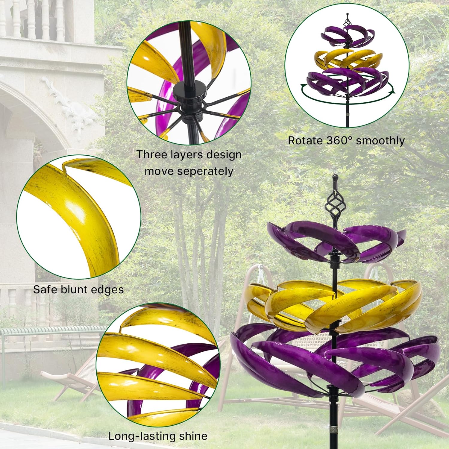 A ANLEOLIFE Wind Spinners Outdoor, 77" Large Metal Kinetic Wind Sculptures for Garden, 360 Degrees Swivel Yard Art with Welcome Sign and Flag Decoration