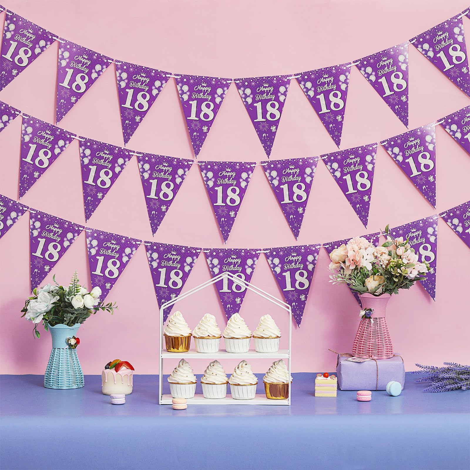 Cheereveal 3er Pack Wimpelketten „Happy 18th Birthday“ – Marineblau & Silber, Je 12 Flaggen – Geburtstagsdeko