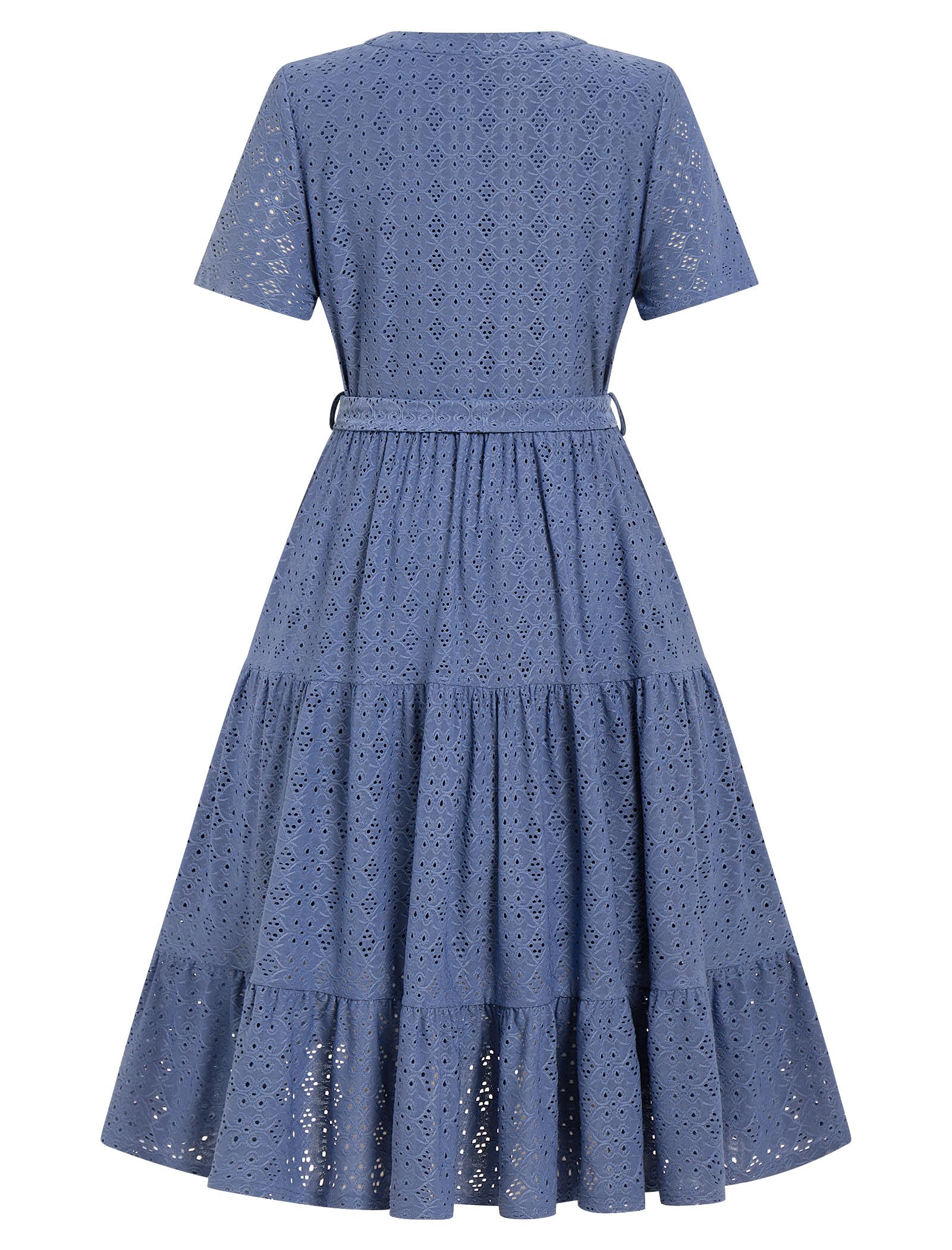 Damen Sommerkleid Elegantes Kurzarm-Kleid mit Lochstickerei Midi-Sommerkleid Knielanges A-Linien-Kleid mit Gürtel für Freizeit Urlaub Strand Büro Hochzeit Party