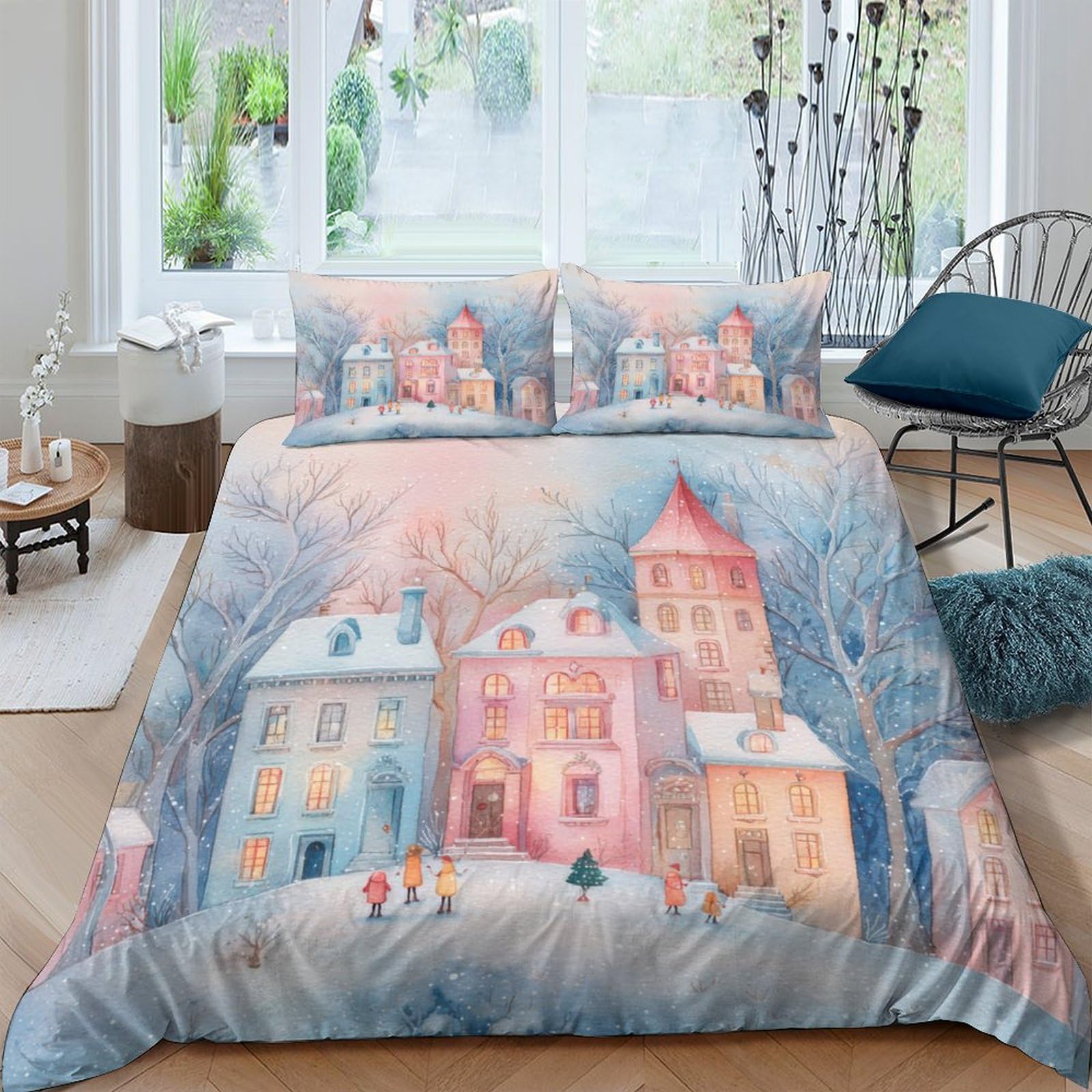 Ctjqhvkz Style-6 3D Printed Winter Castle Fitted Sheet Microfiber Soft Breathable Snow Village Mattress Cover For Bedroom Decor Single（135X200cm）