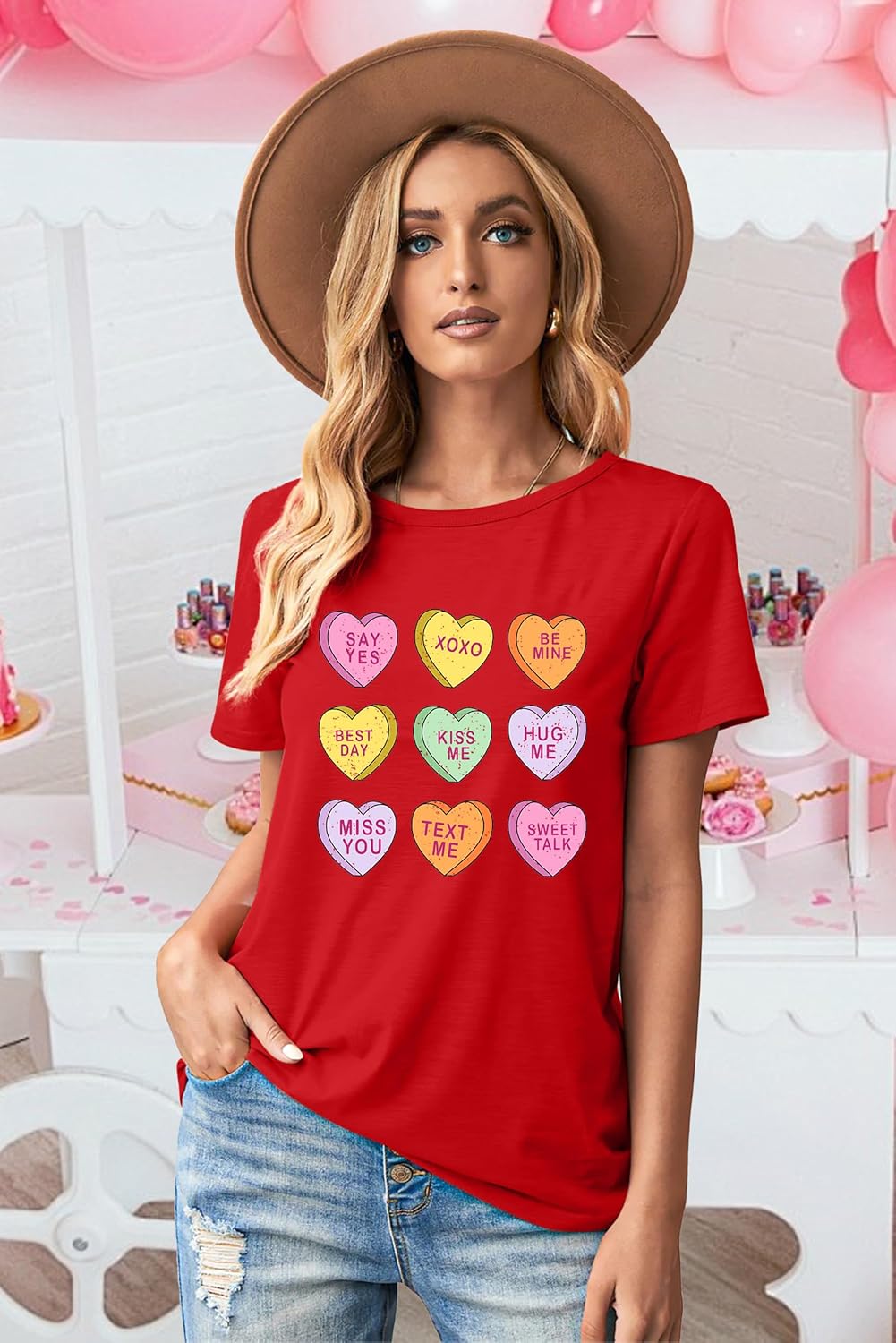 NEWWEN Valentines Shirts for Women Cute Candy Heart Tshirt Graphic Valentine Gift Tee Casual Hearts Tops - Image 3