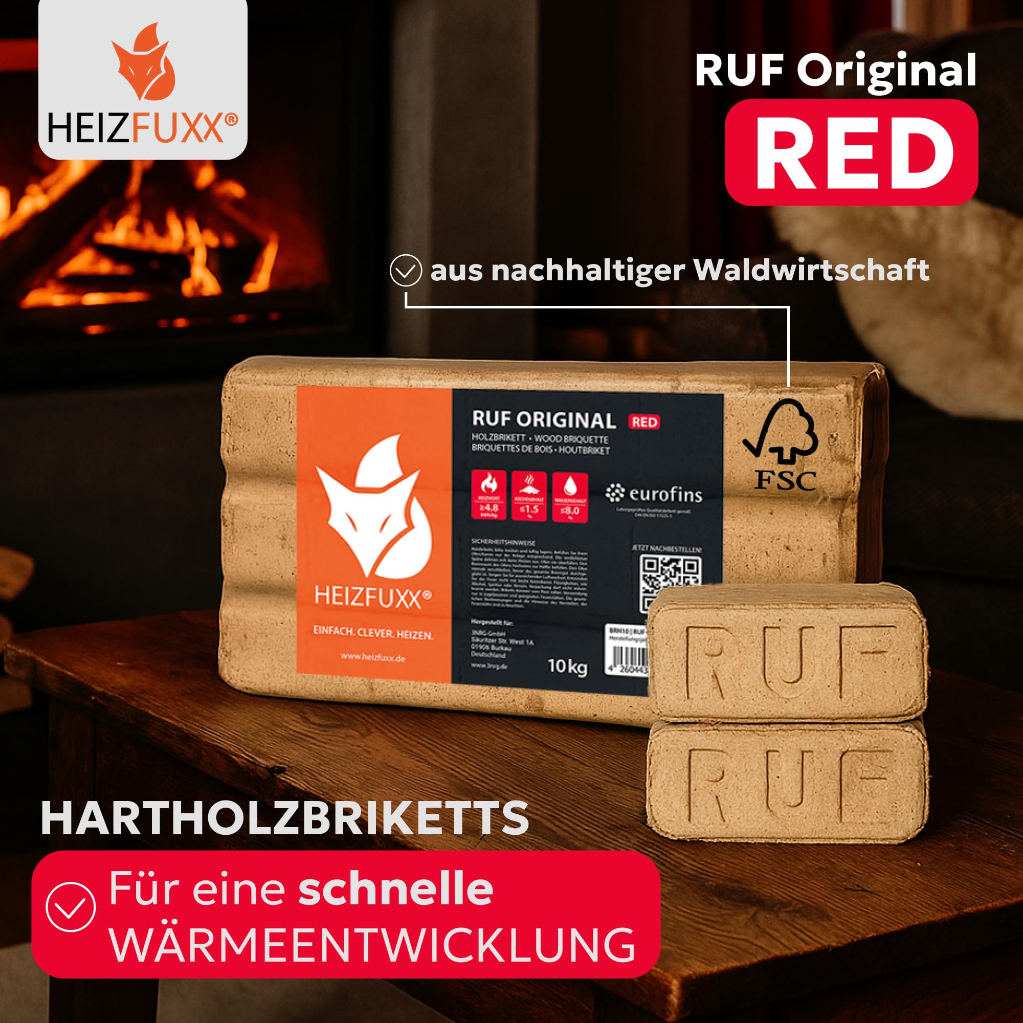 Holzbriketts RUF Original Red - Hartholzbriketts Palette 300 kg (30x10 kg) - Premium Briketts für Kamin, Heizkessel & Ofen - Hoher Heizwert, geringer Aschegehalt & maximale Energieausbeute