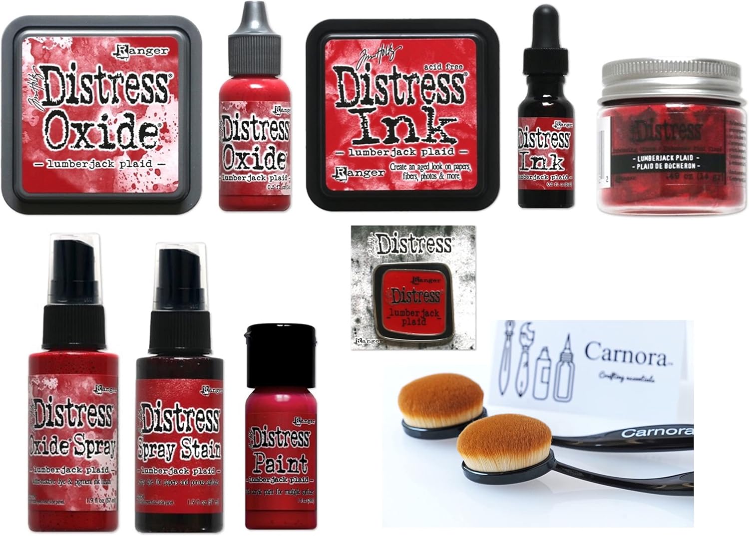 Tim Holtz Distress Lumberjack Plaid, October 2022 Release, Distress Ink Pad/Reinker, Oxide Ink Pad/Reinker, Embossing Glaze, Flip Top Paint, Oxide Spray, Spray Stain, 2 Carnora Brushes, Enamel Pin