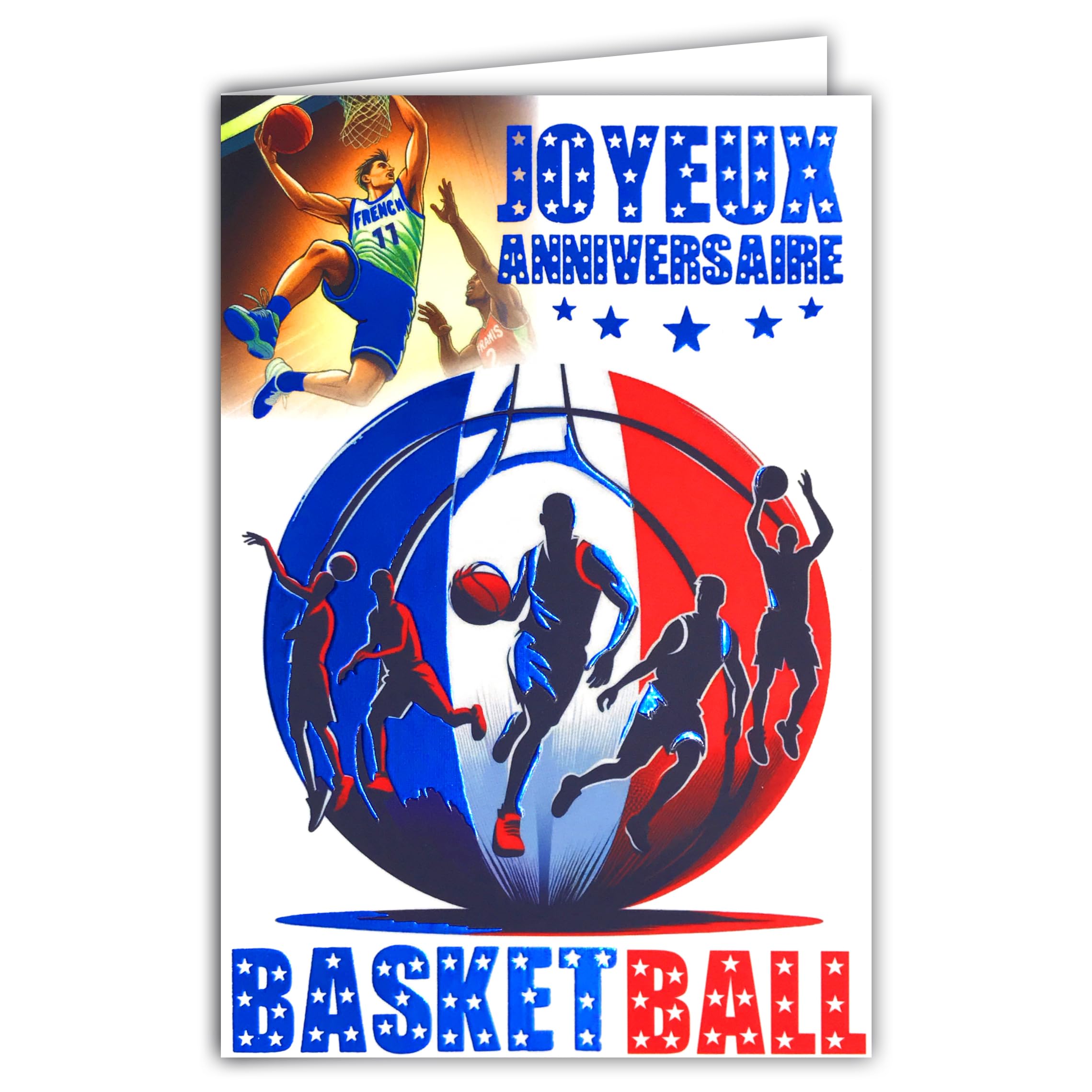 65-1424 Happy Birthday Basketball Card in Glossy Blue with Envelope 12 x 17.5 cm for Sporty Basketball Player Basketball Player Champion Basket Parquet Supporters Team France Olympic Games