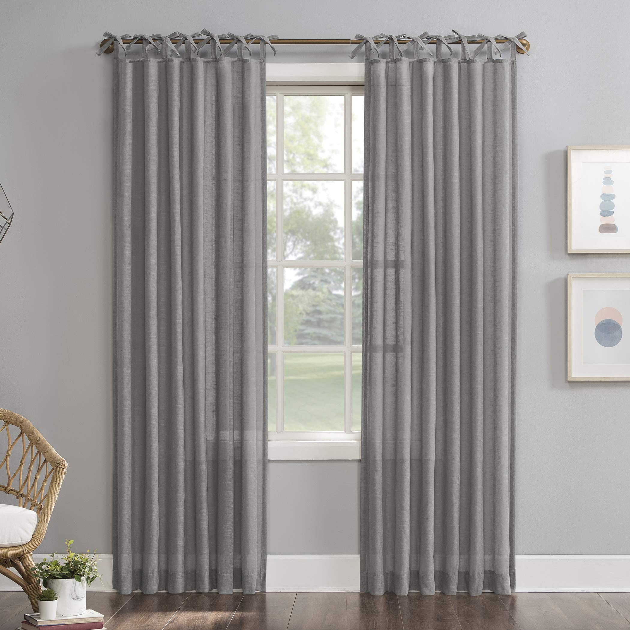 No. 918 Harmony 2-pack Slub Textured Linen Blend DIY Crafted Sheer Tie Top Curtain Panel Pair, 50" x 96", Gray