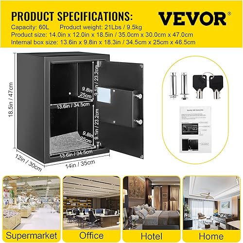 Miniatura 7 de VEVOR Caja fuerte, caja fuerte de 2.1 pies cúbicos de huellas dactilares para dinero con 2 llaves y teclado digital, caja de seguridad de acero Q235