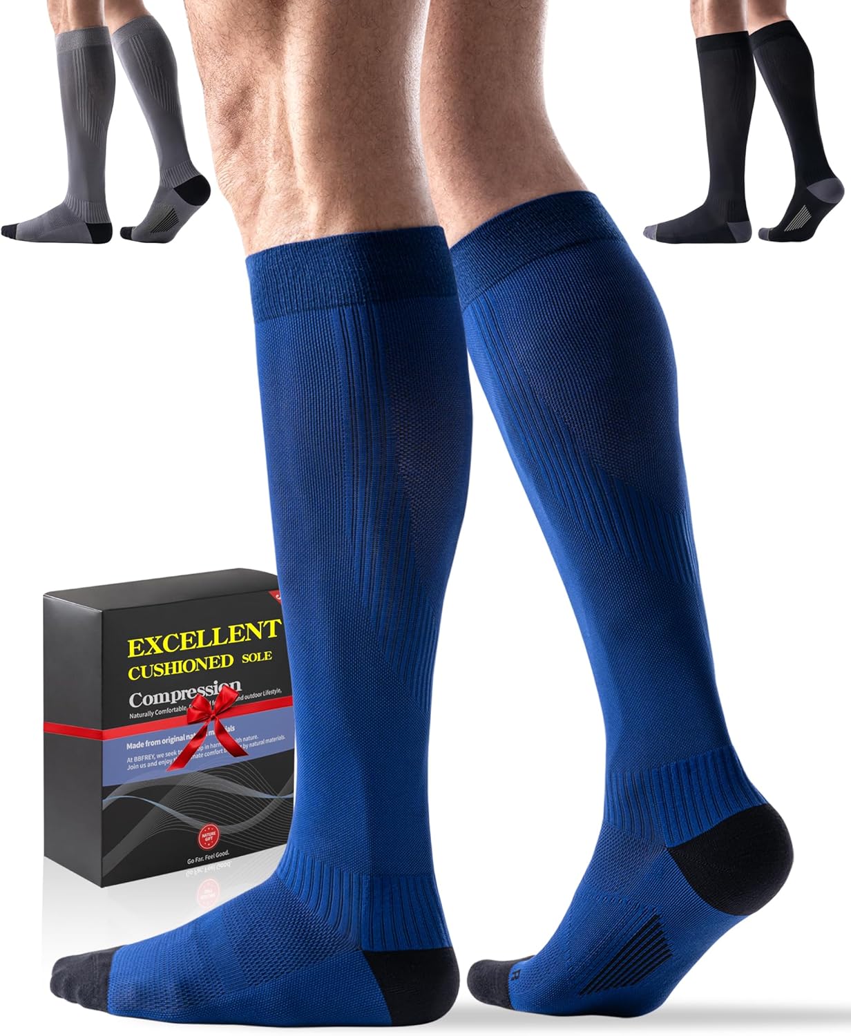 3 Pairs Easy On/Off Compression Socks - 15-20 mmHg Moderate Support Socks with Cushioned Sole and Seamless Toe
