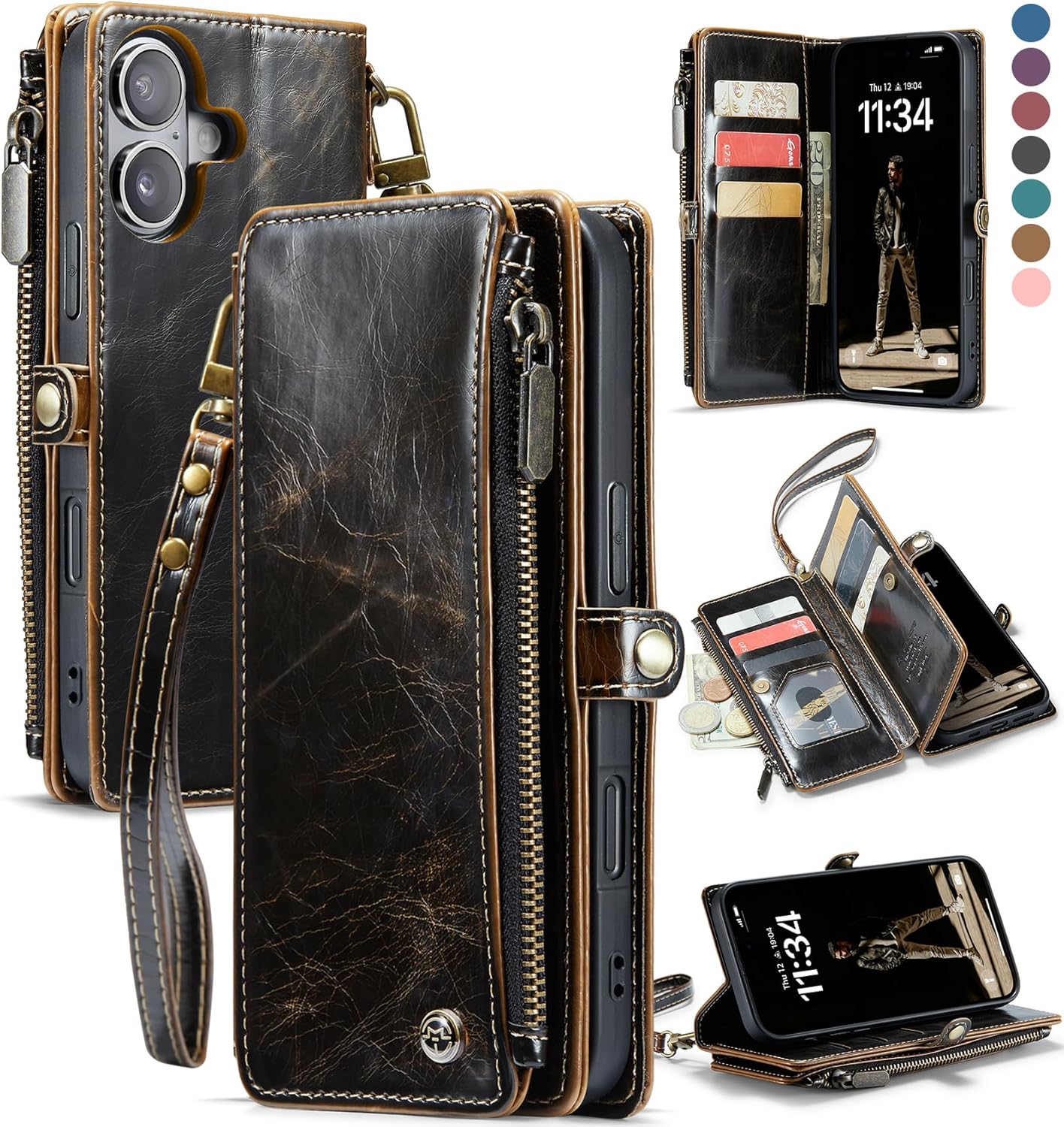 defencase compatible with iphone 17 case wallet with rfid blocking card holder for women and men, fashion pu leather magnetic snap flip zipper strap wallet phone case for iphone 17 6.3", coffee