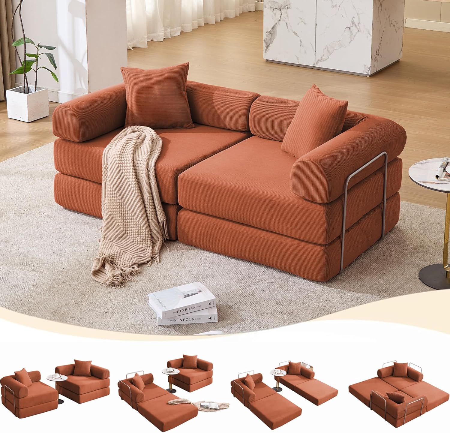 73" Convertible Modular Folding Sofa Bed, 5-in-1 DIY Combination Fold Out Sleeper Sofa Bed, Loveseat sleeper Couch with Removable Armrests, Corduroy Floor Couch, Small couches for small spaces, Orange
