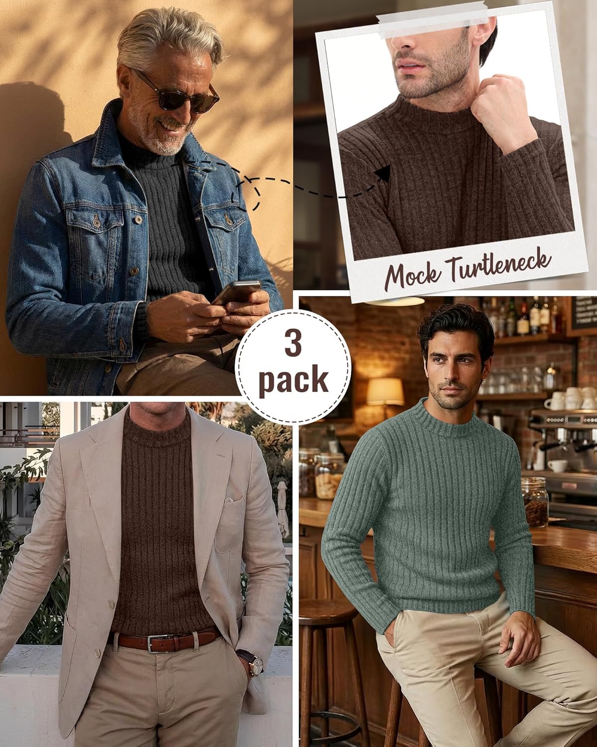 3 Pack Men's Mock Turtleneck Sweaters Long Sleeve Ribbed Knit Shirts Slim Fit Casual Pullover Lightweight Layer - Image 2