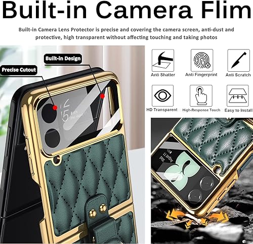 Miniatura 5 de Miimall Funda de piel para Samsung Galaxy Z Flip 4 5G, protector de lente de cámara + soporte de anillo trasero + cubierta galvanoplastia, funda