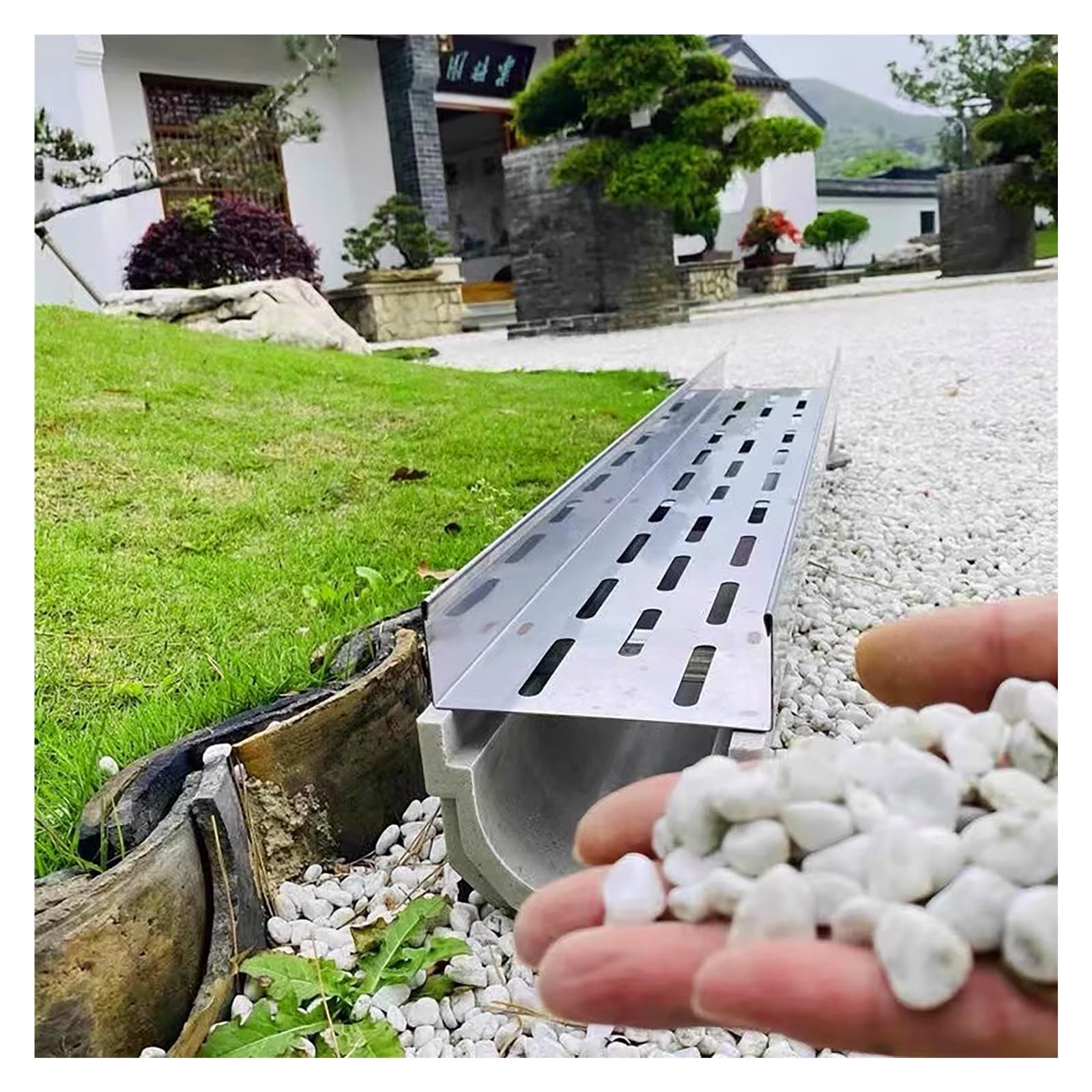GLDYTVF Outdoor Drainage Channel with Metal Grate Weather-Resistant Resin Trench System for Patios and Gardens Durable Water Management Solution Prevents Flooding and Erosion