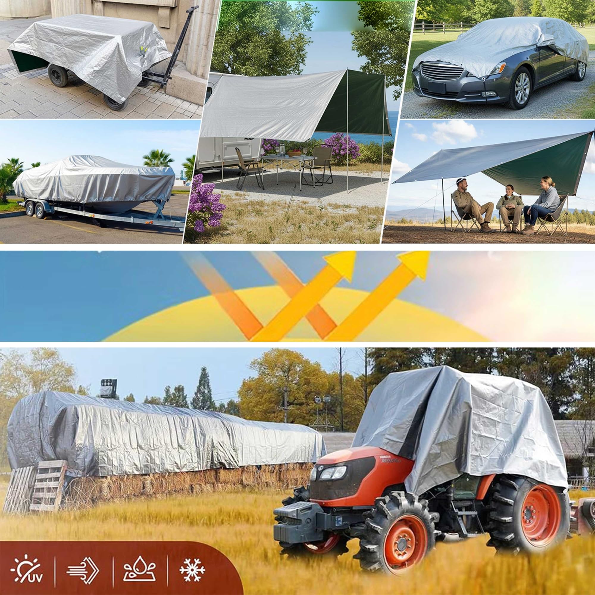 Bâche imperméable 200g/m² PE 7x7m et résistante en polyéthylène pour extérieur,résistante au Gel et aux UV,pour Jardin,tonnelle,Camping,Meubles,abri de Jardin argenté Vert
